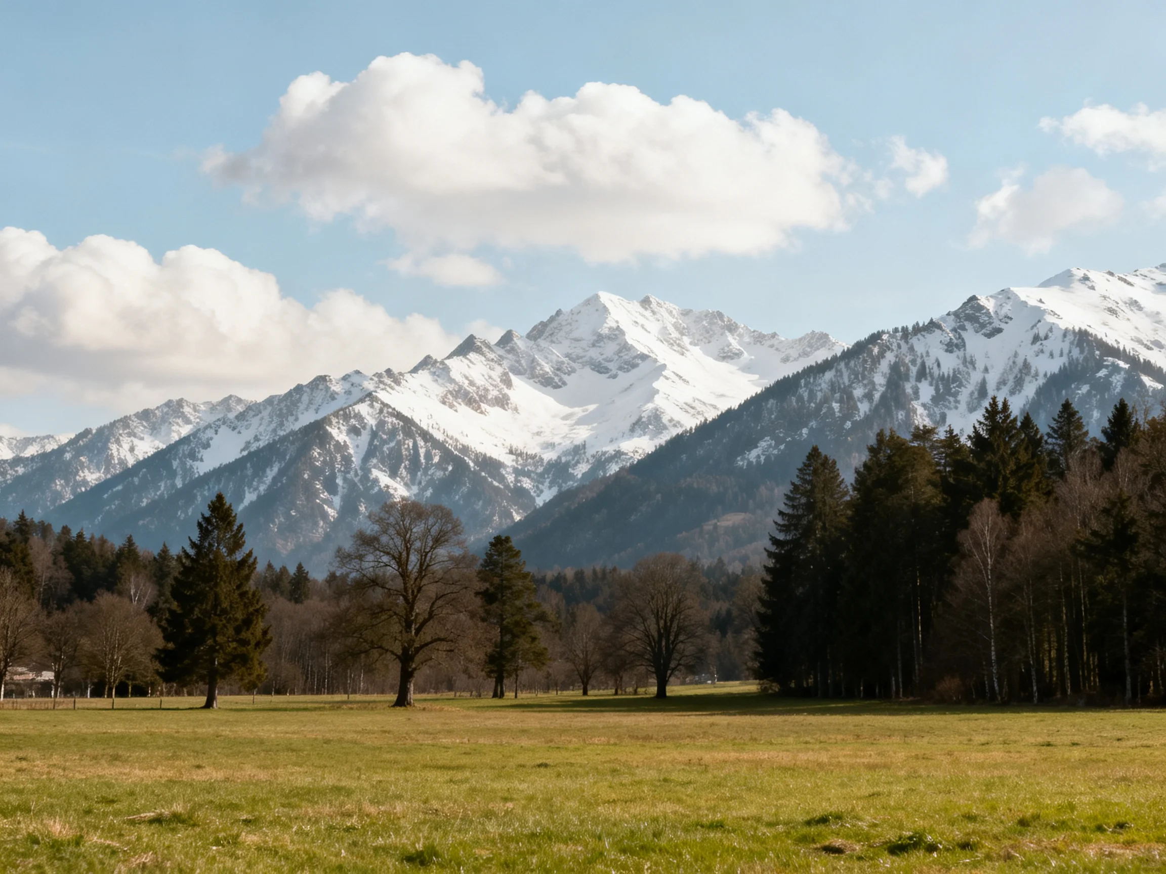 A serene landscape with snow-capped mountains, a green meadow, and forests under a partly cloudy sky.