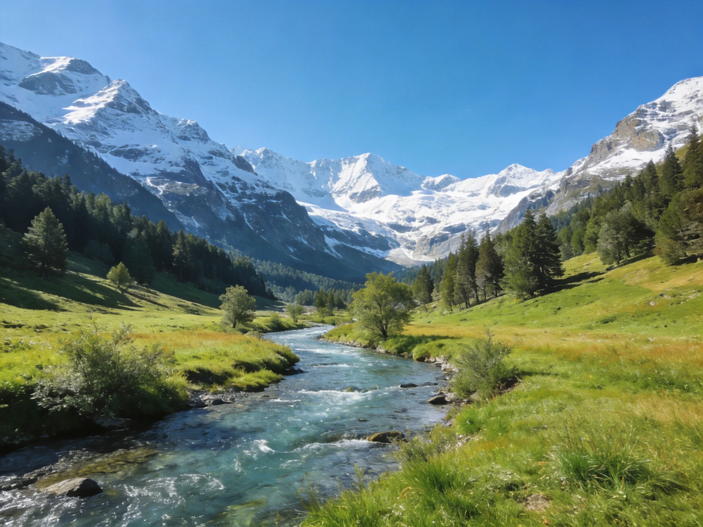 Snow-capped peaks overlook a turquoise stream through lush green valleys.