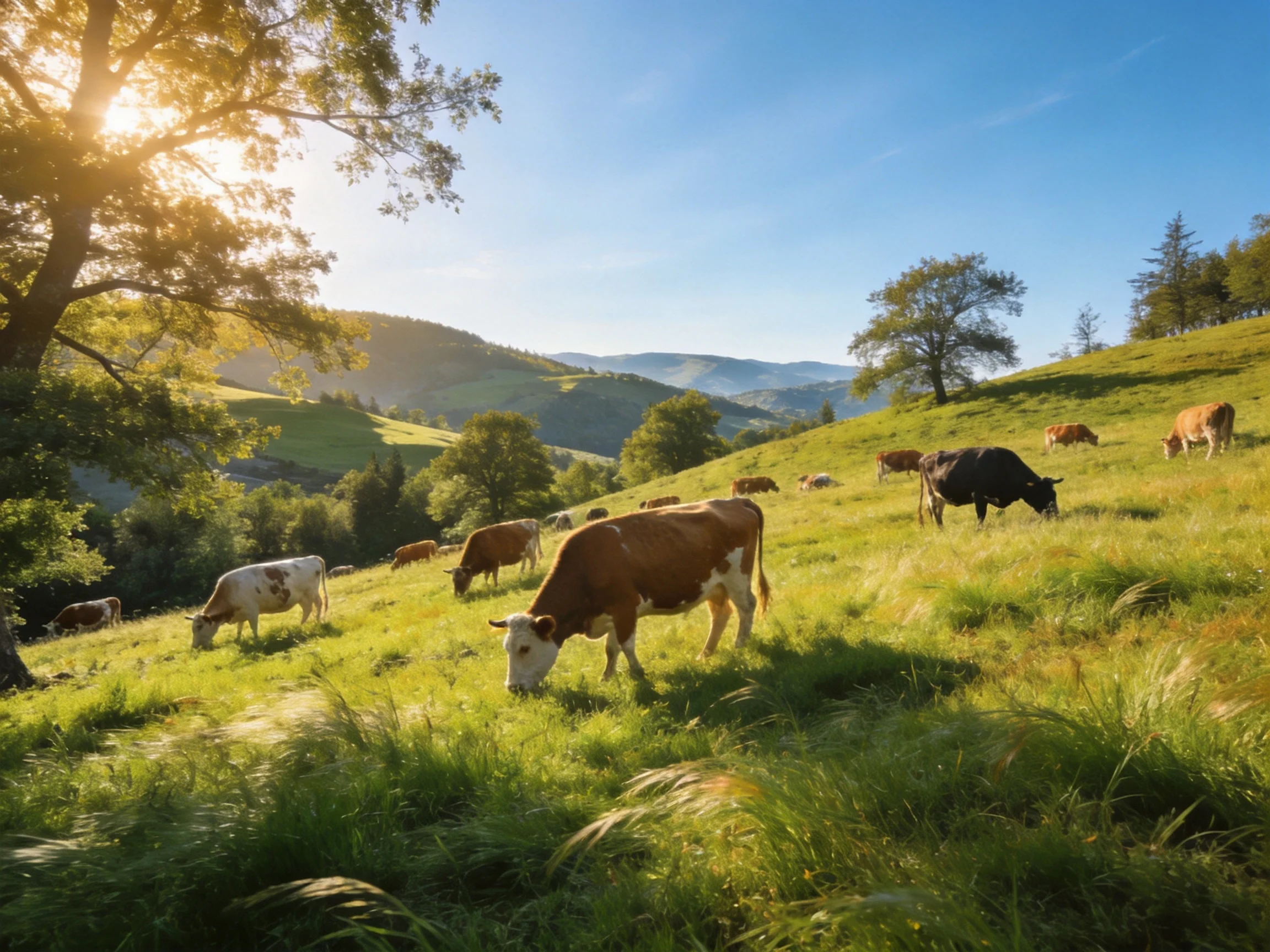 Sunlit pasture with grazing cows on rolling green hills