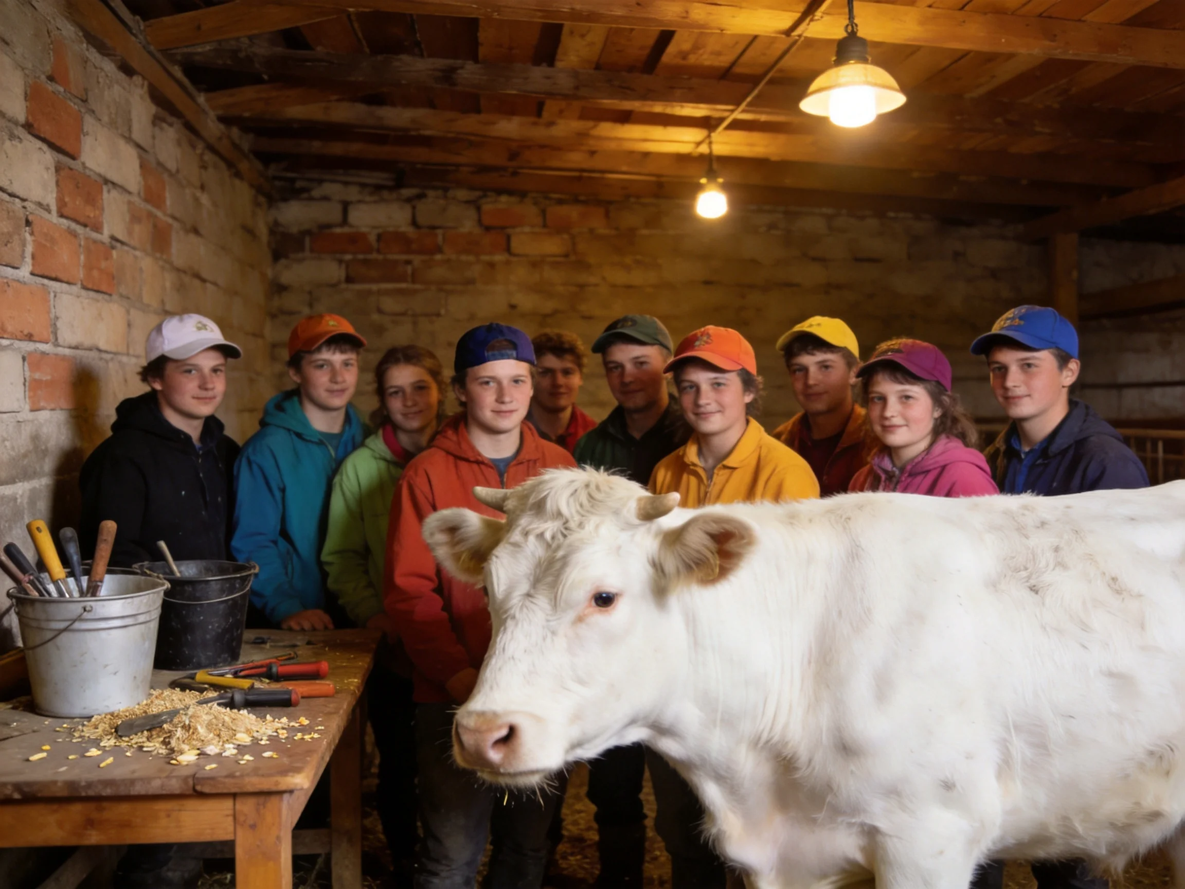 Teenagers gather around a white cow in a rustic barn