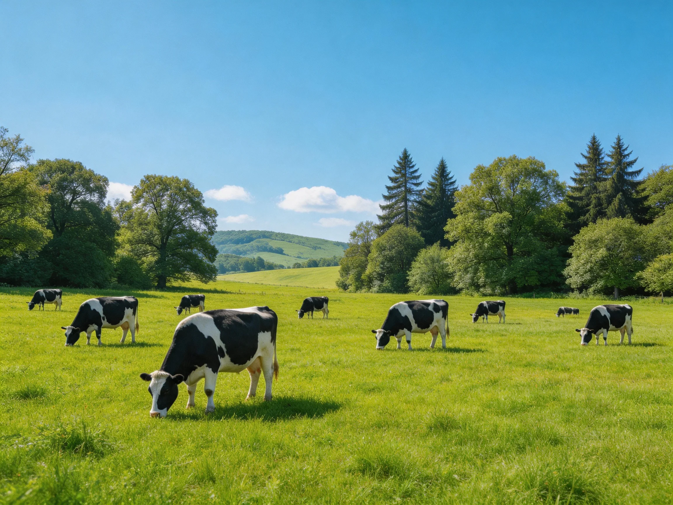Ten black-and-white cows graze in a lush green meadow with tall trees