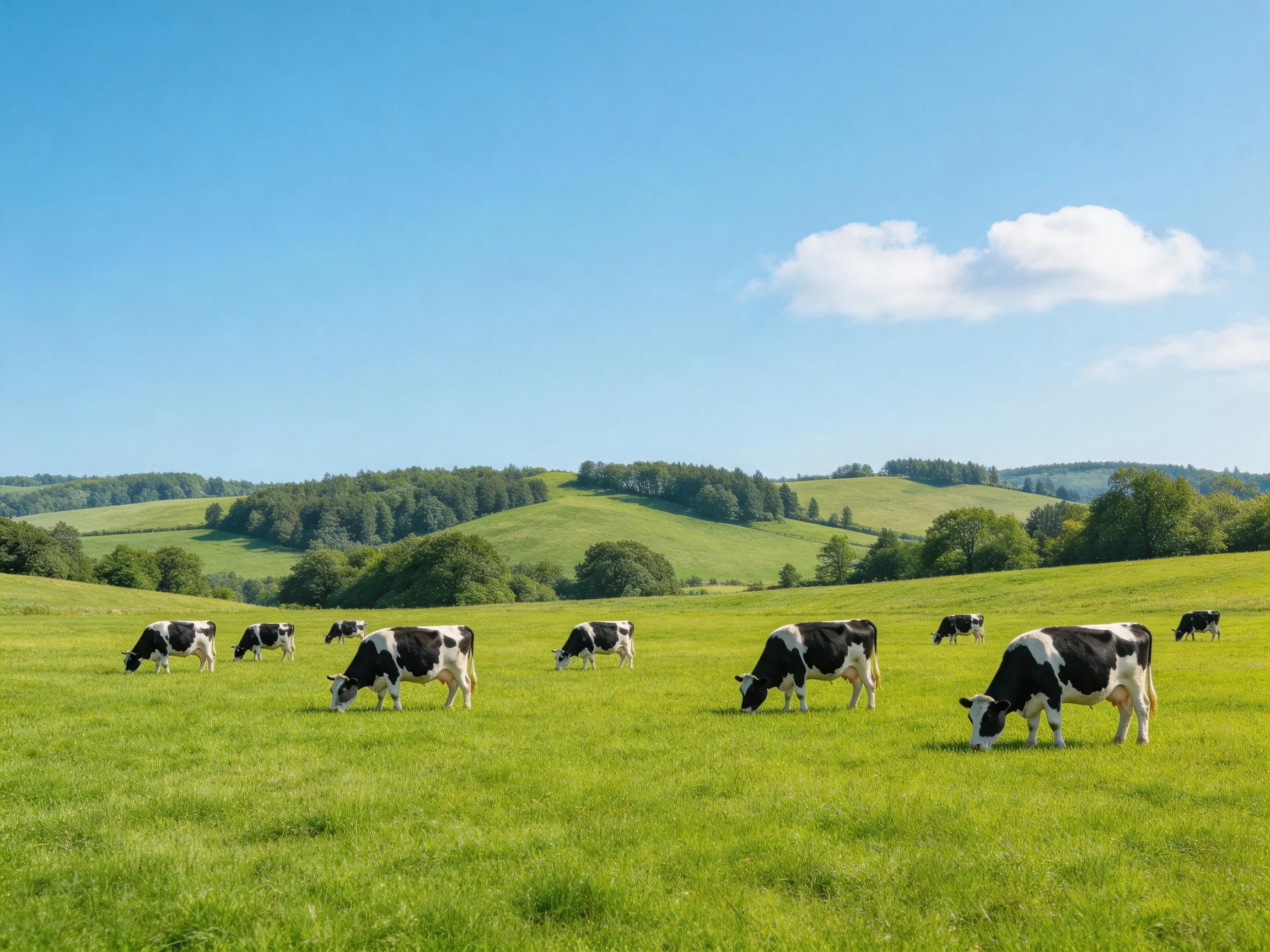 Ten black and white cows graze in a lush green pasture with rolling hills