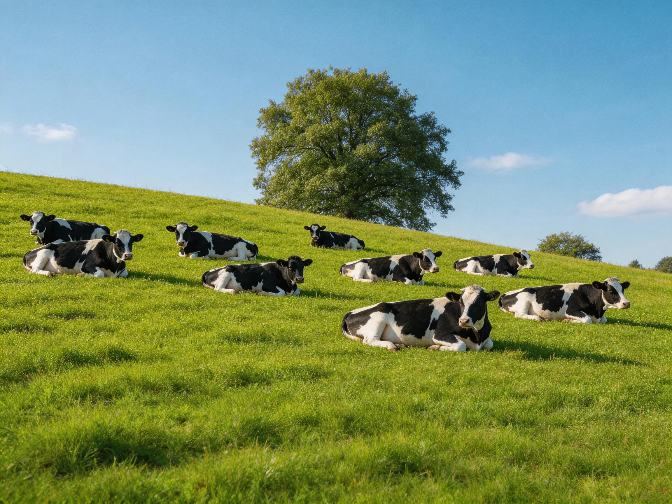 Ten black-and-white cows rest on a lush green hillside near a large tree