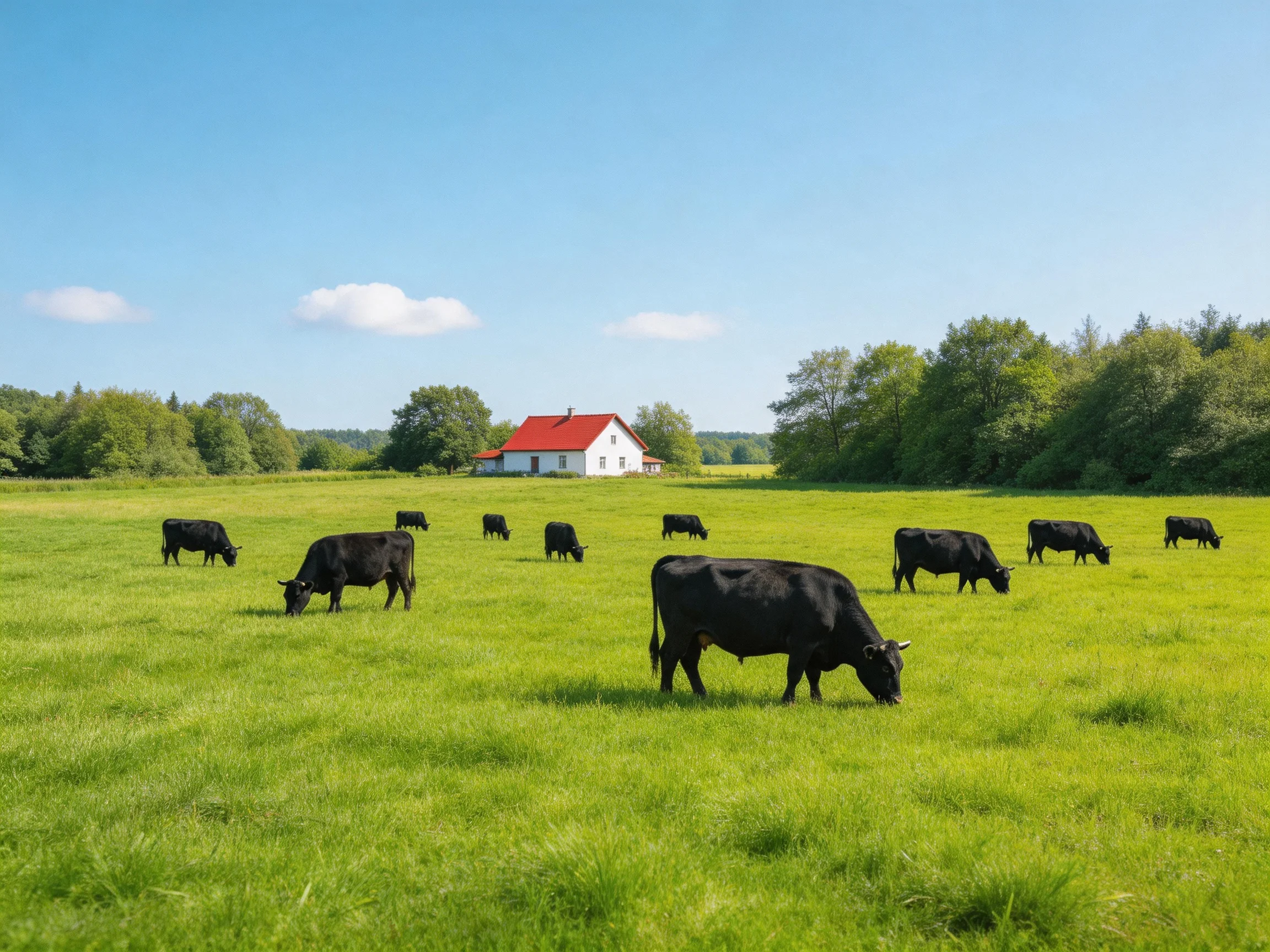 Ten black cattle graze in a lush green pasture near a white house with a red roof