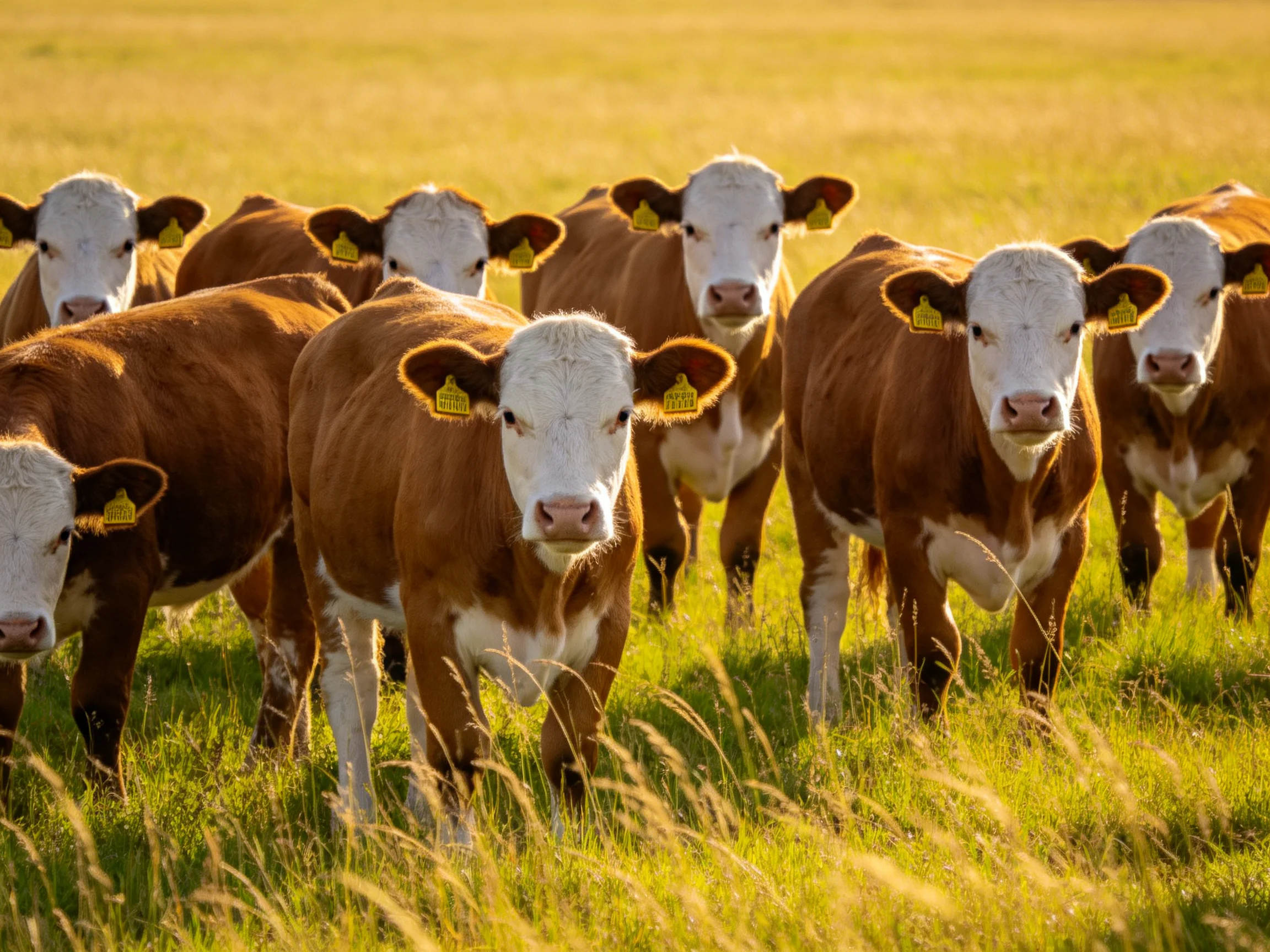 Ten brown and white calves in a sunlit pasture