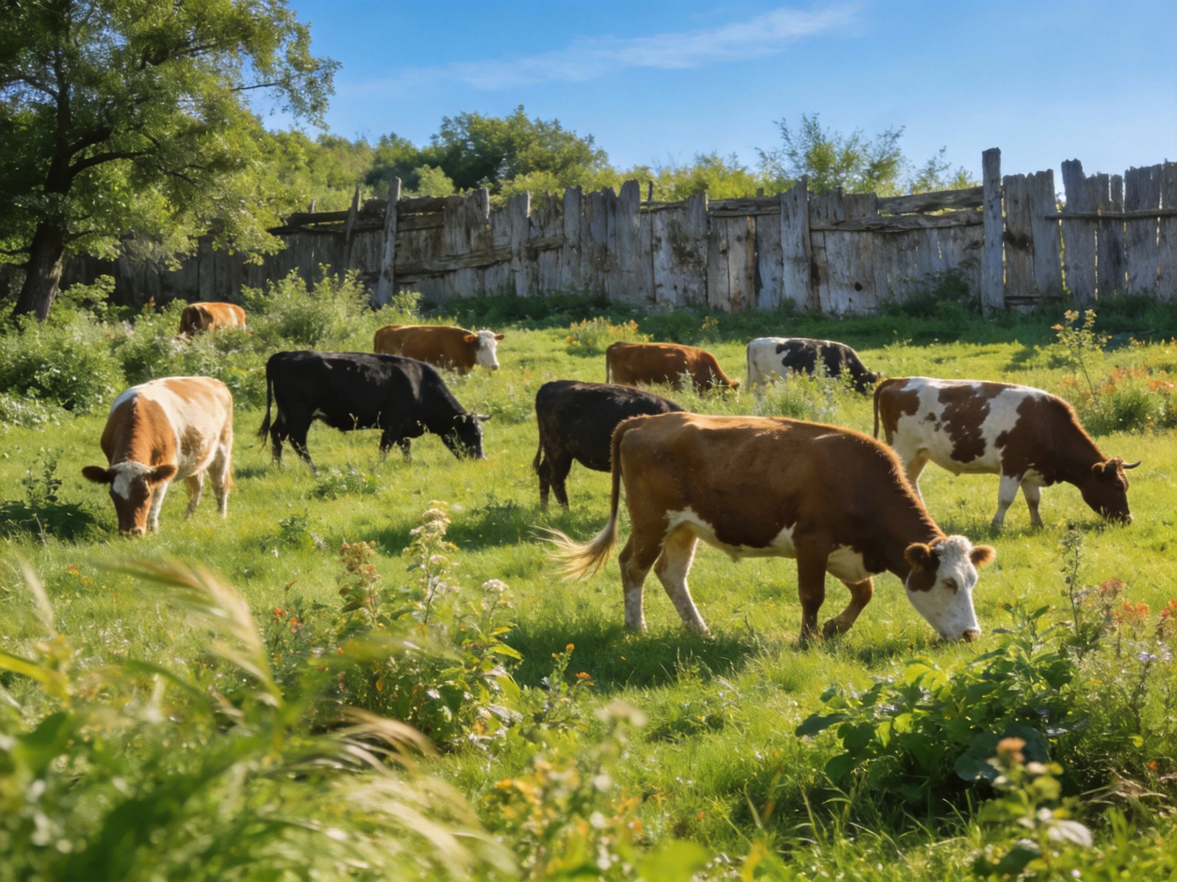 Ten cows of varied colors graze in a sunlit pasture near an old wooden fence