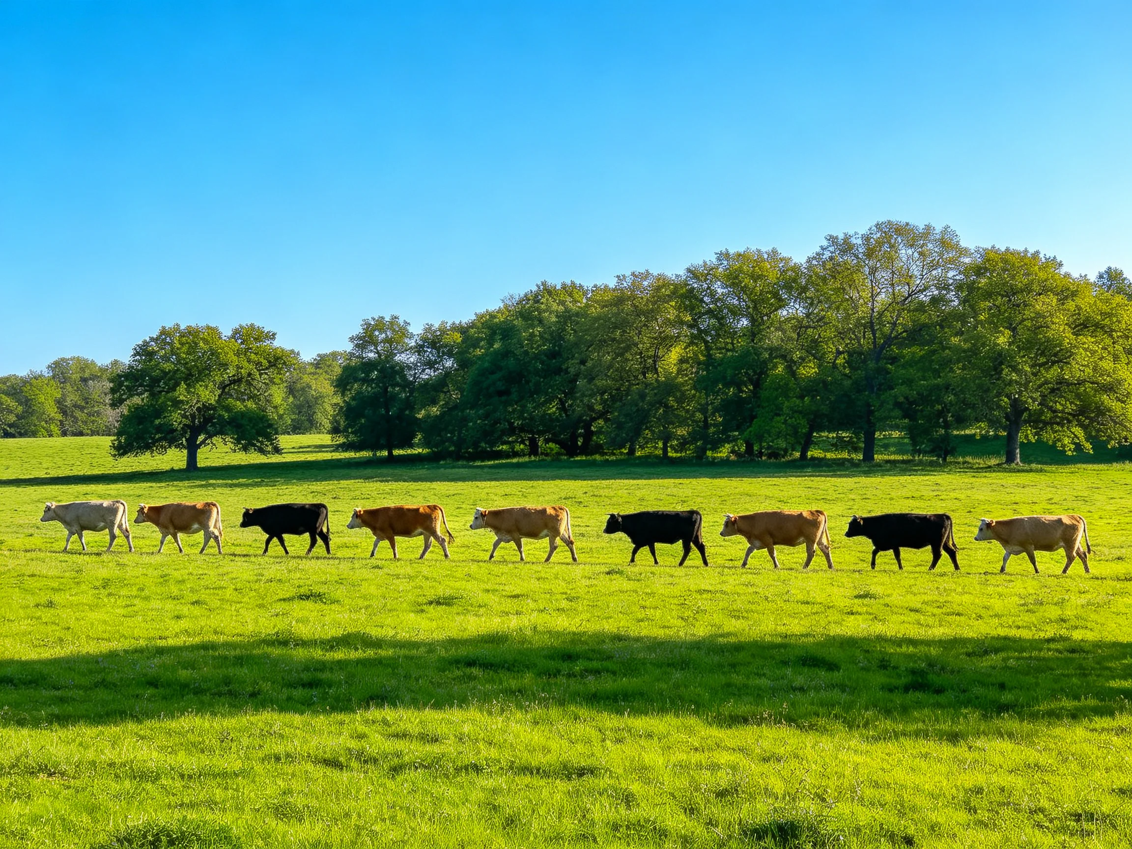 Ten cows of varied hues walk across a bright green pasture near dense trees