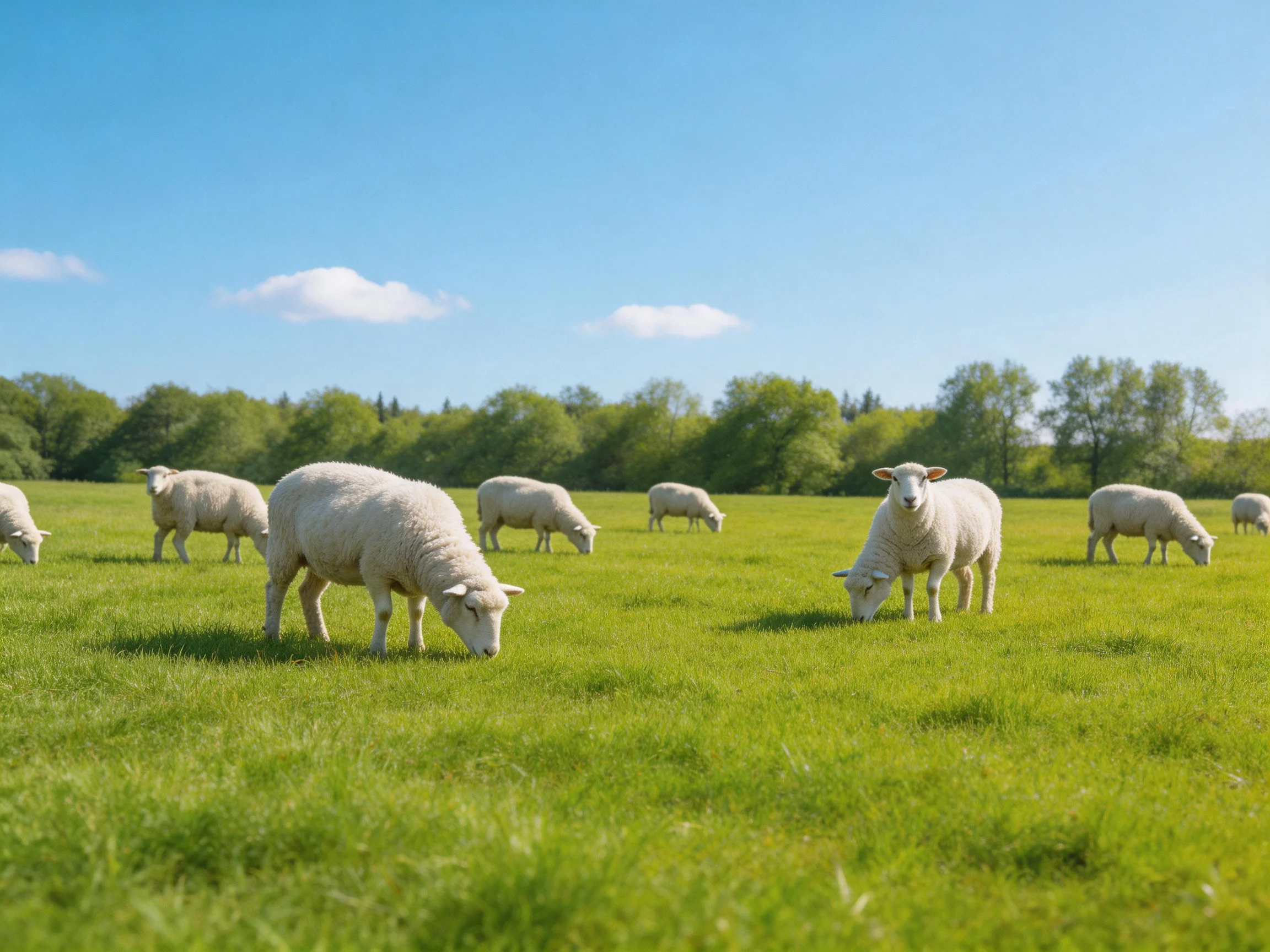 Ten white sheep graze in a lush green meadow under blue sky