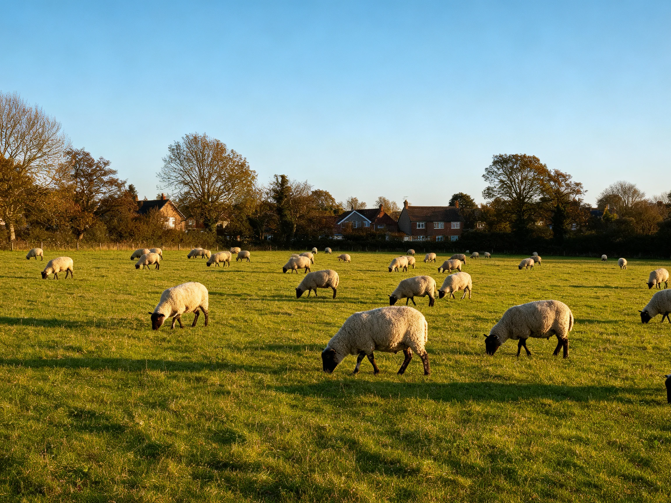 Thirty sheep graze in a lush green pasture near brick homes