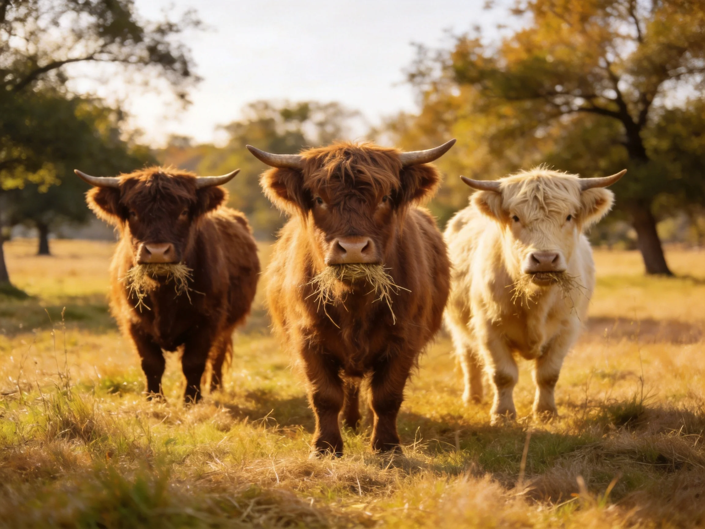 Three Highland Cattle of Different Hues Graze in a Sunlit Field