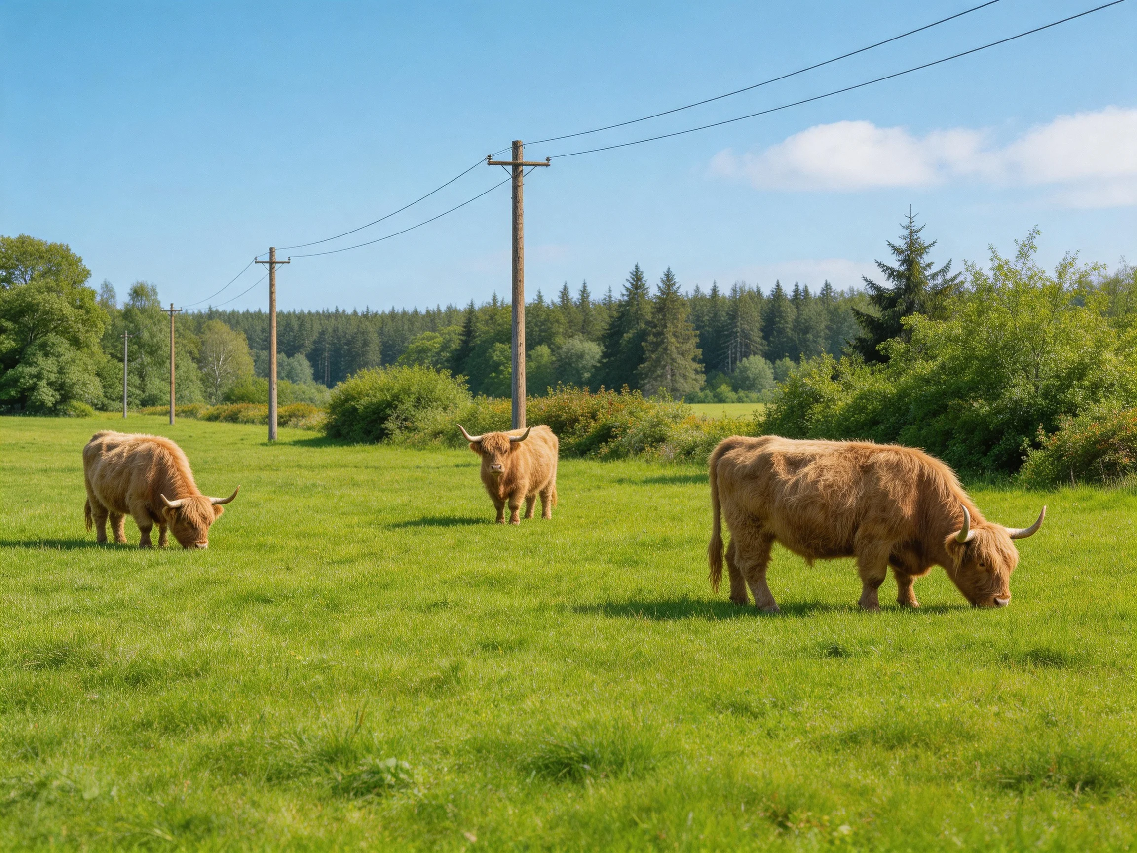 Three Highland cattle graze in a lush green meadow near utility poles