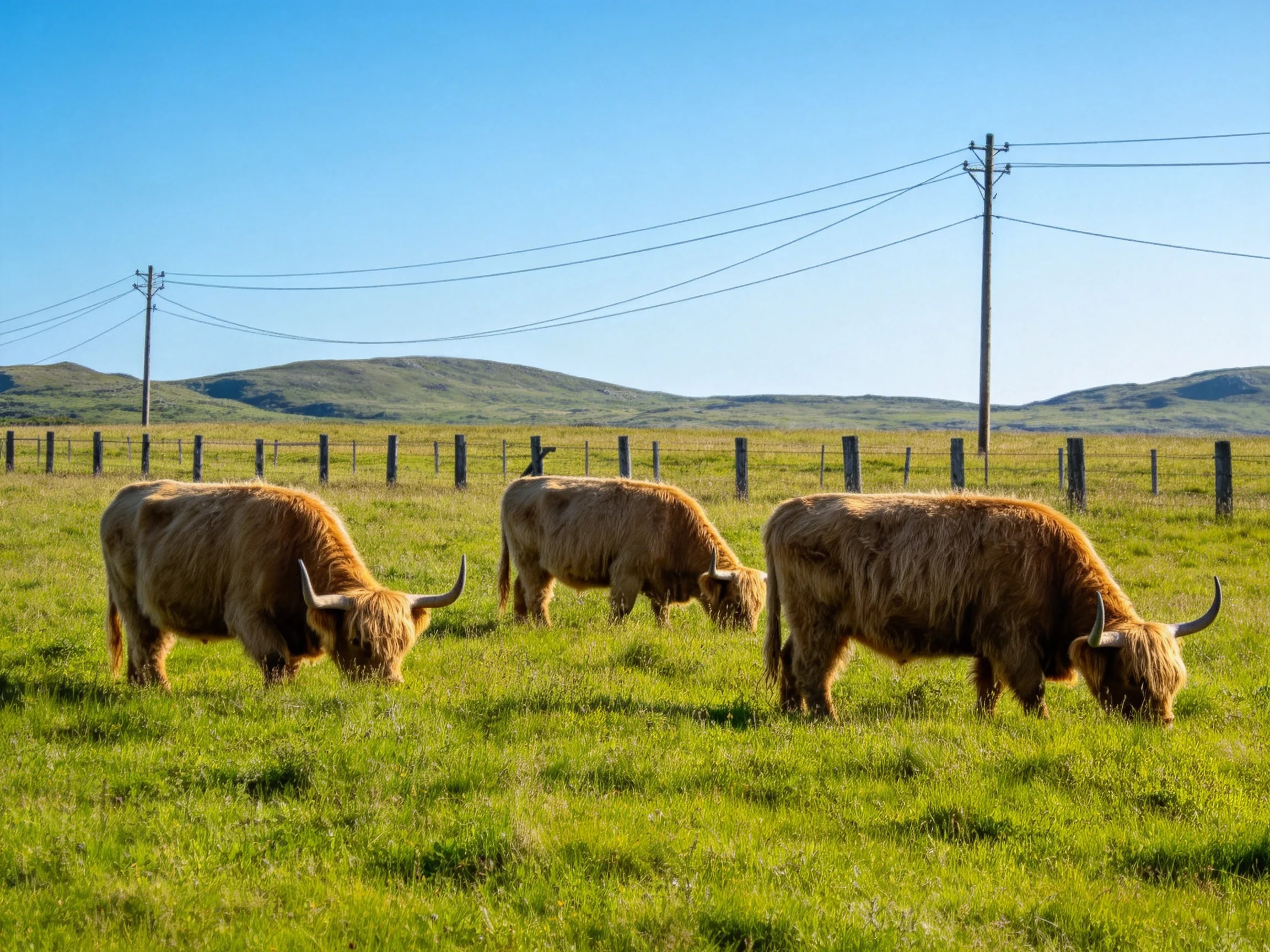 Three Highland cattle graze in a sunlit green pasture with distant hills