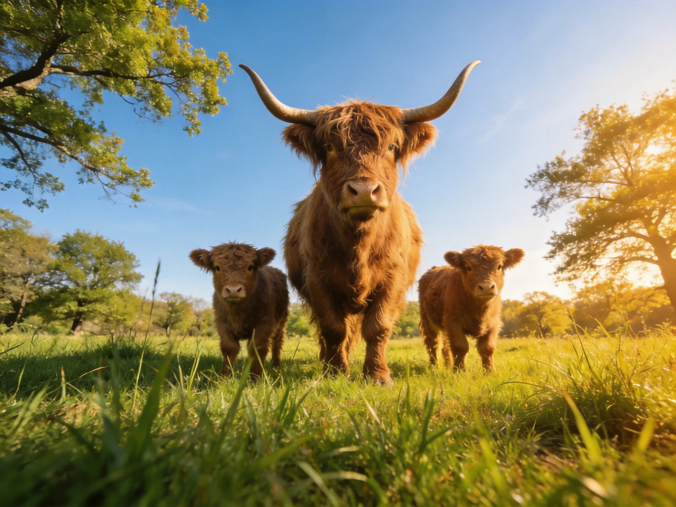 Three Highland cattle in a sunlit green pasture