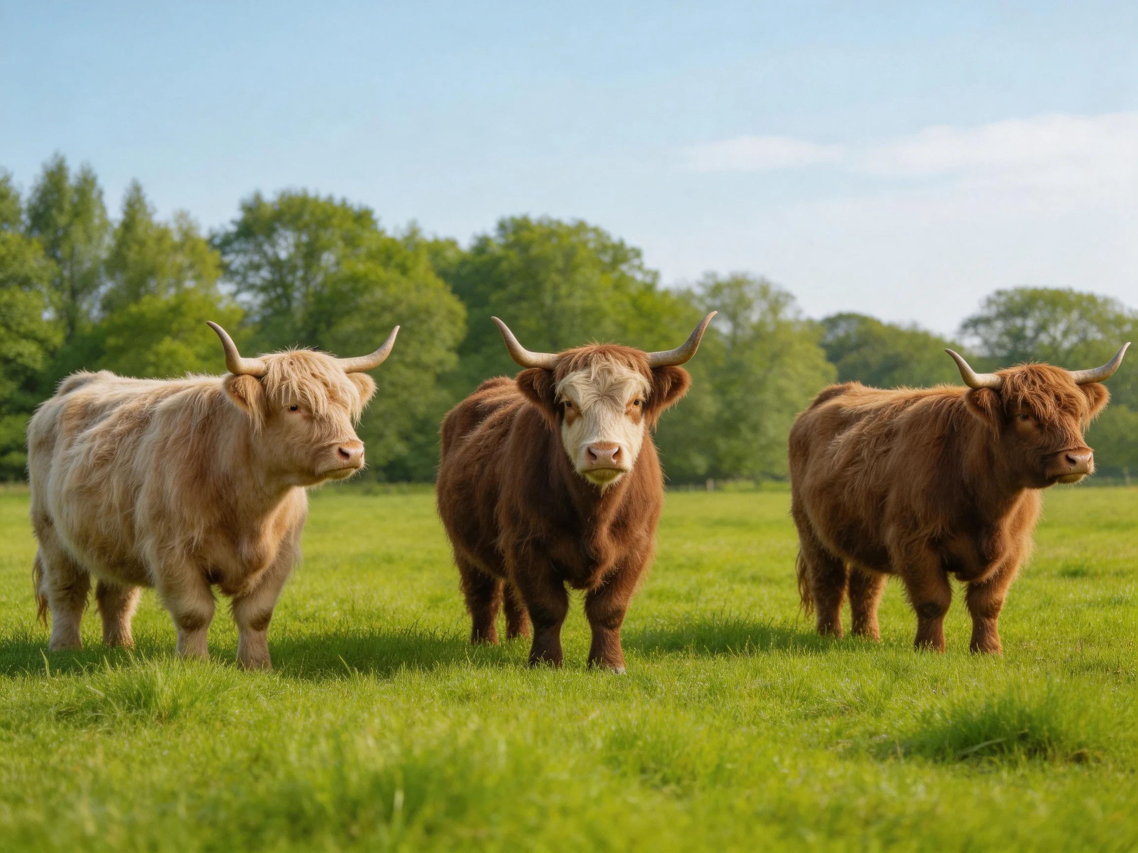 Three Highland cattle with shaggy coats stand in a sunlit pasture