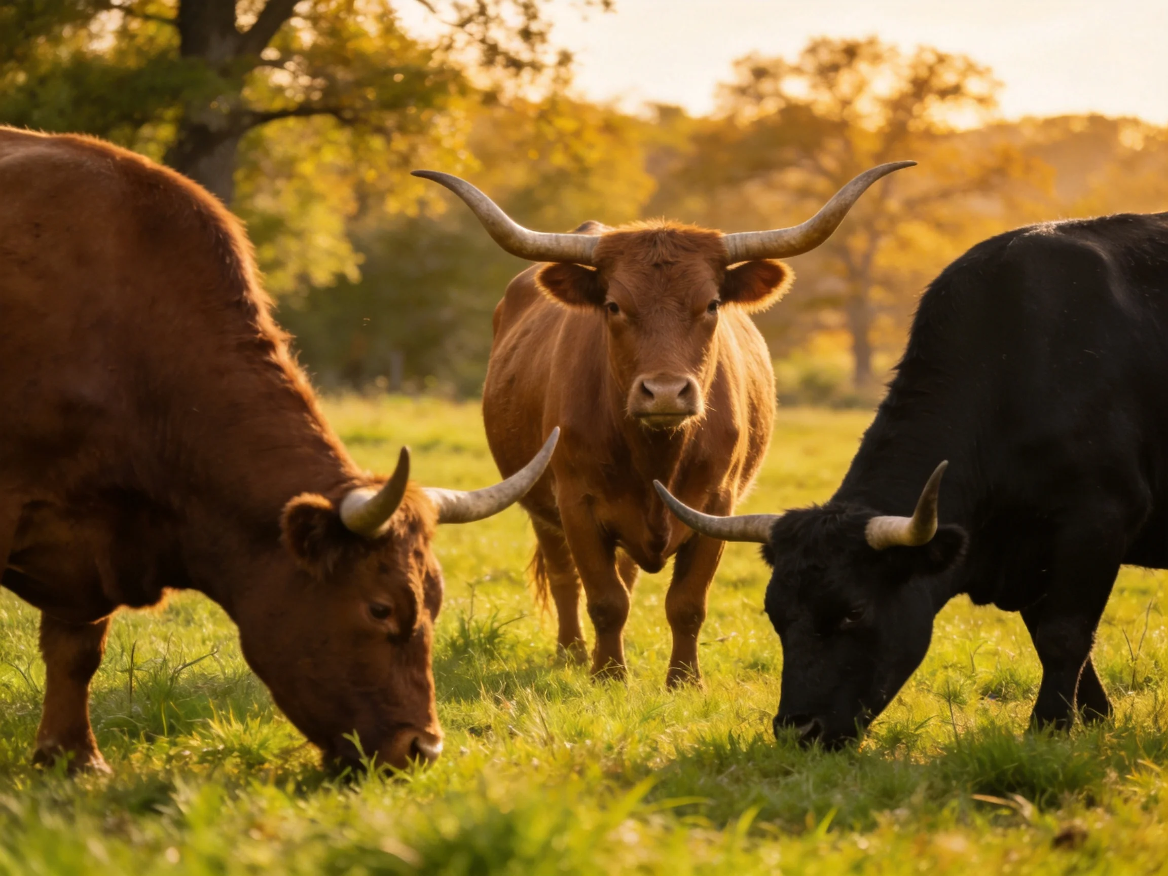 Three Longhorn Cattle Graze in a Sunlit Pasture