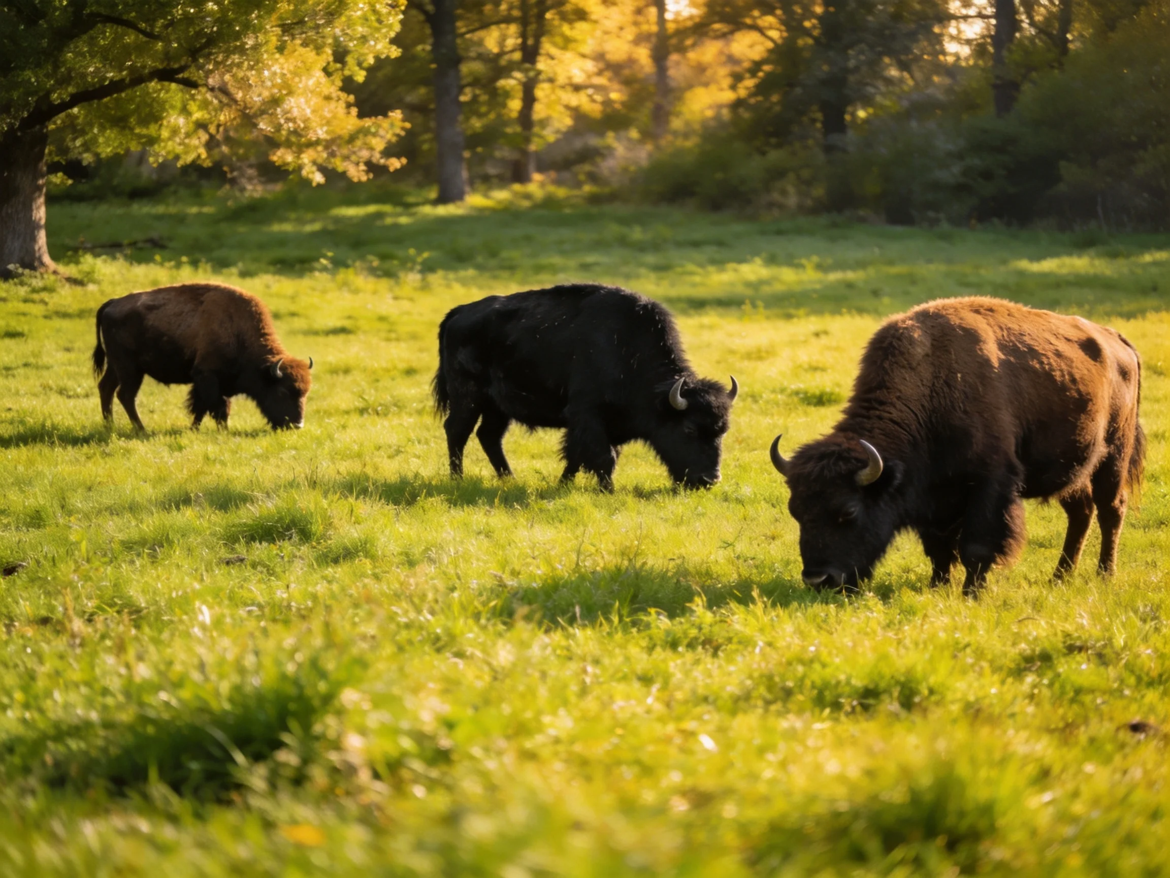 Three bison graze in a sunlit green meadow with golden trees