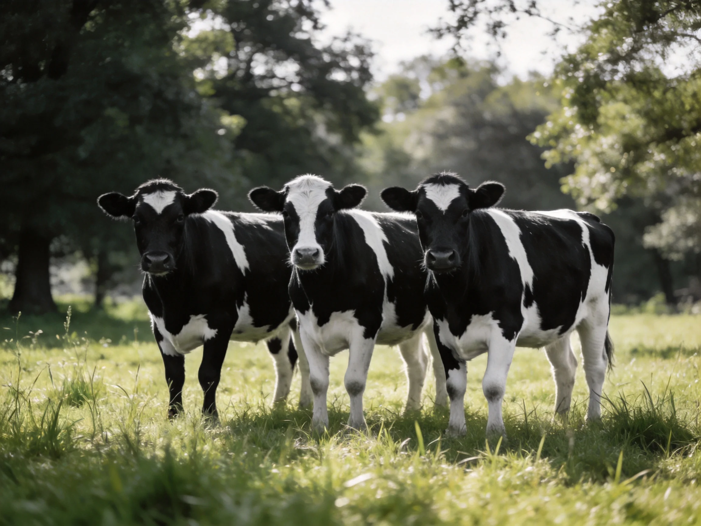 Three black and white calves in a sunlit grassy meadow
