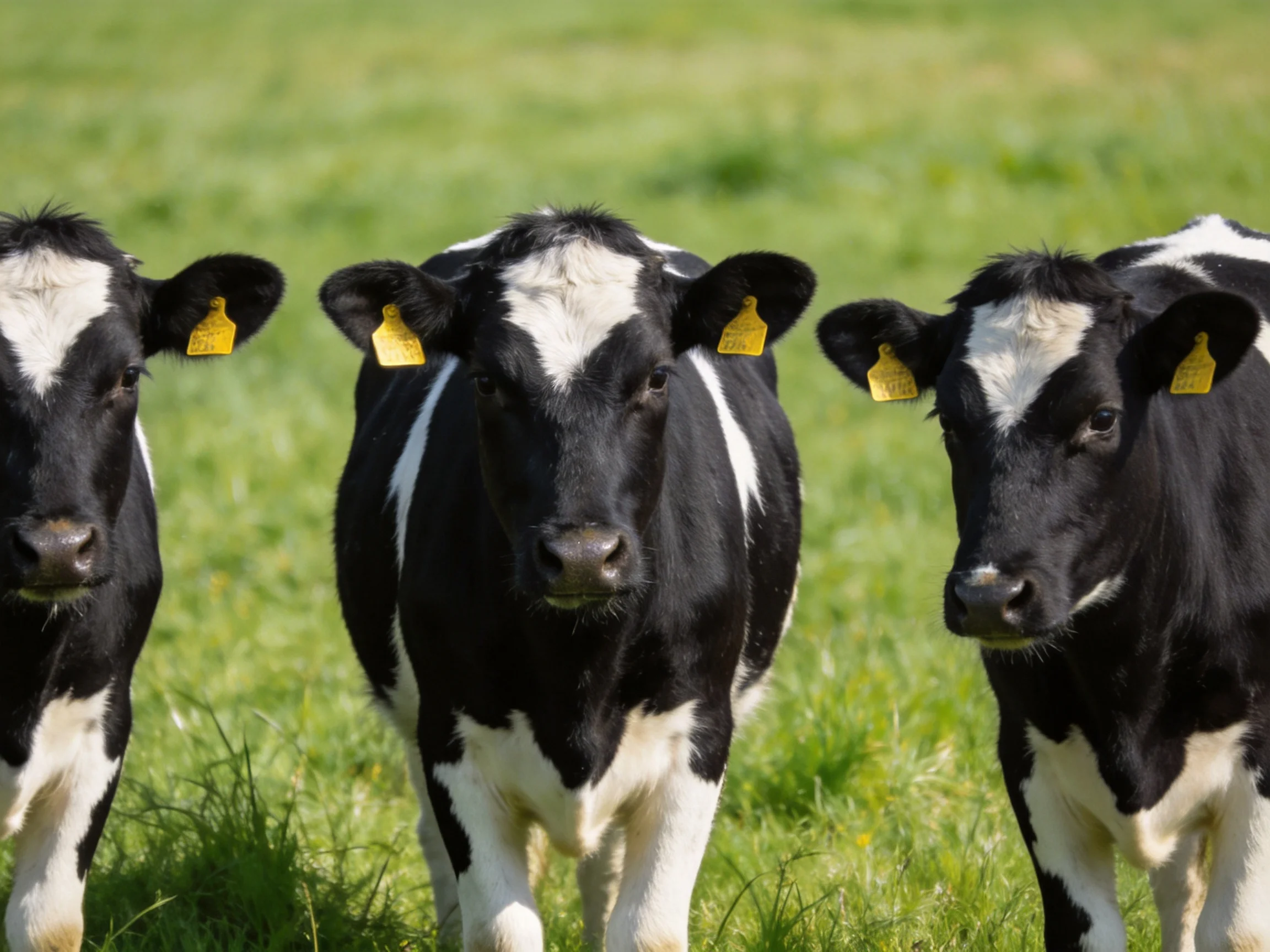Three black and white calves with yellow ear tags in a lush green pasture