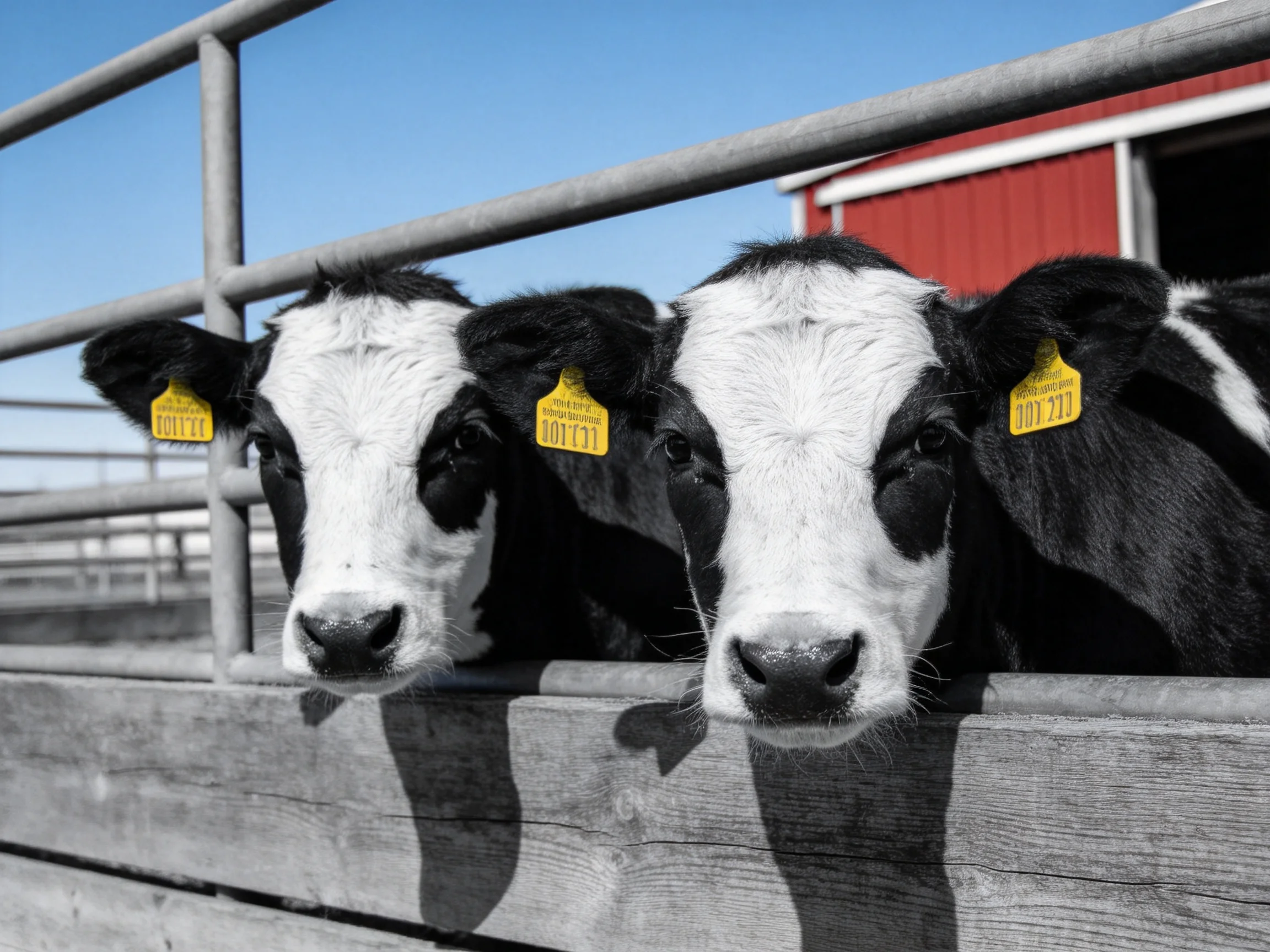Three black - and - white calves with yellow ear tags near a red barn