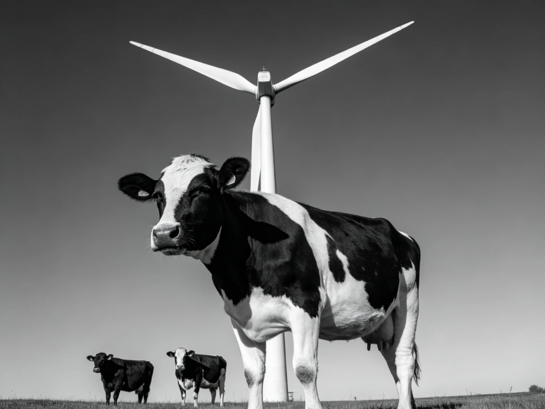Three black-and-white cows beside a towering wind turbine