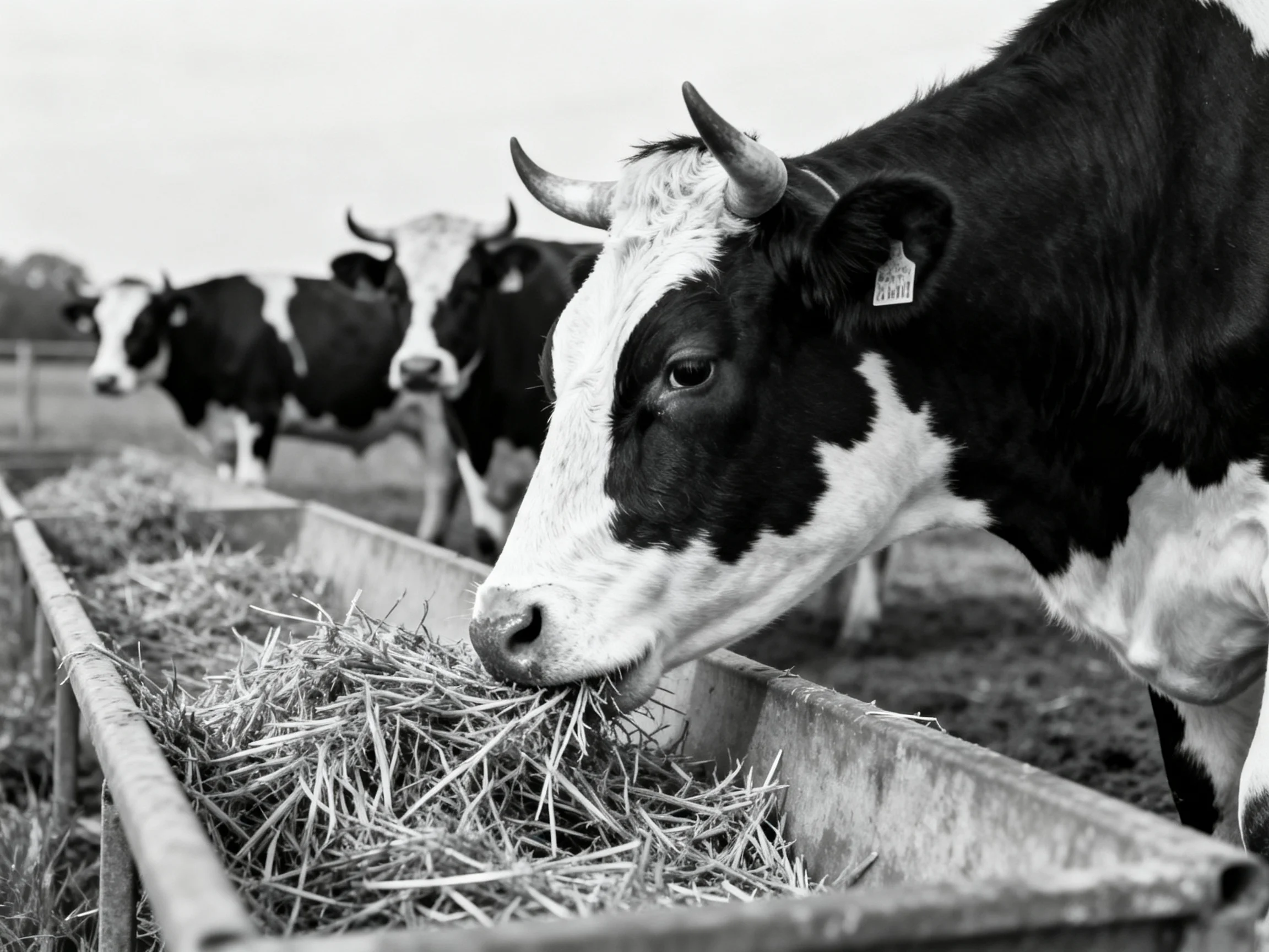 Three black-and-white cows feeding from a long trough of hay