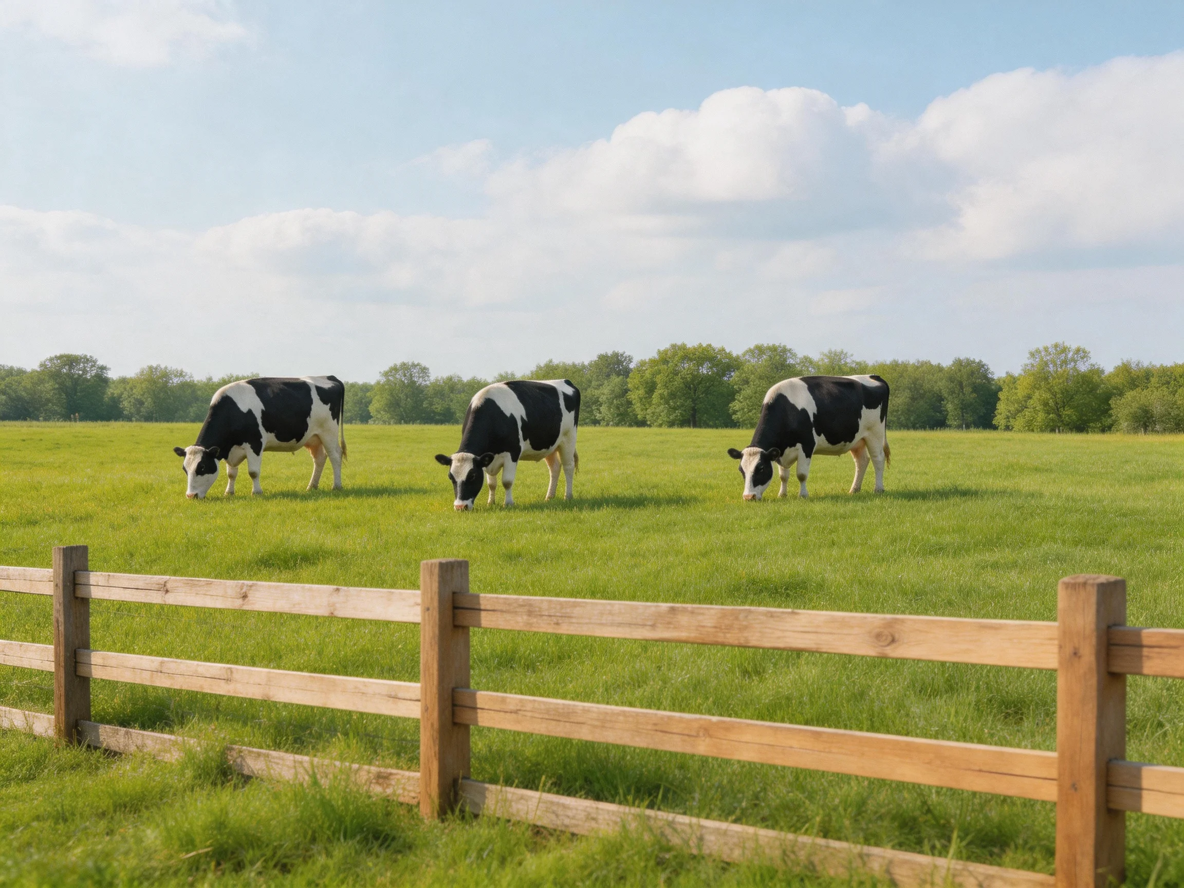 Three black and white cows graze in a lush green pasture near a wooden fence