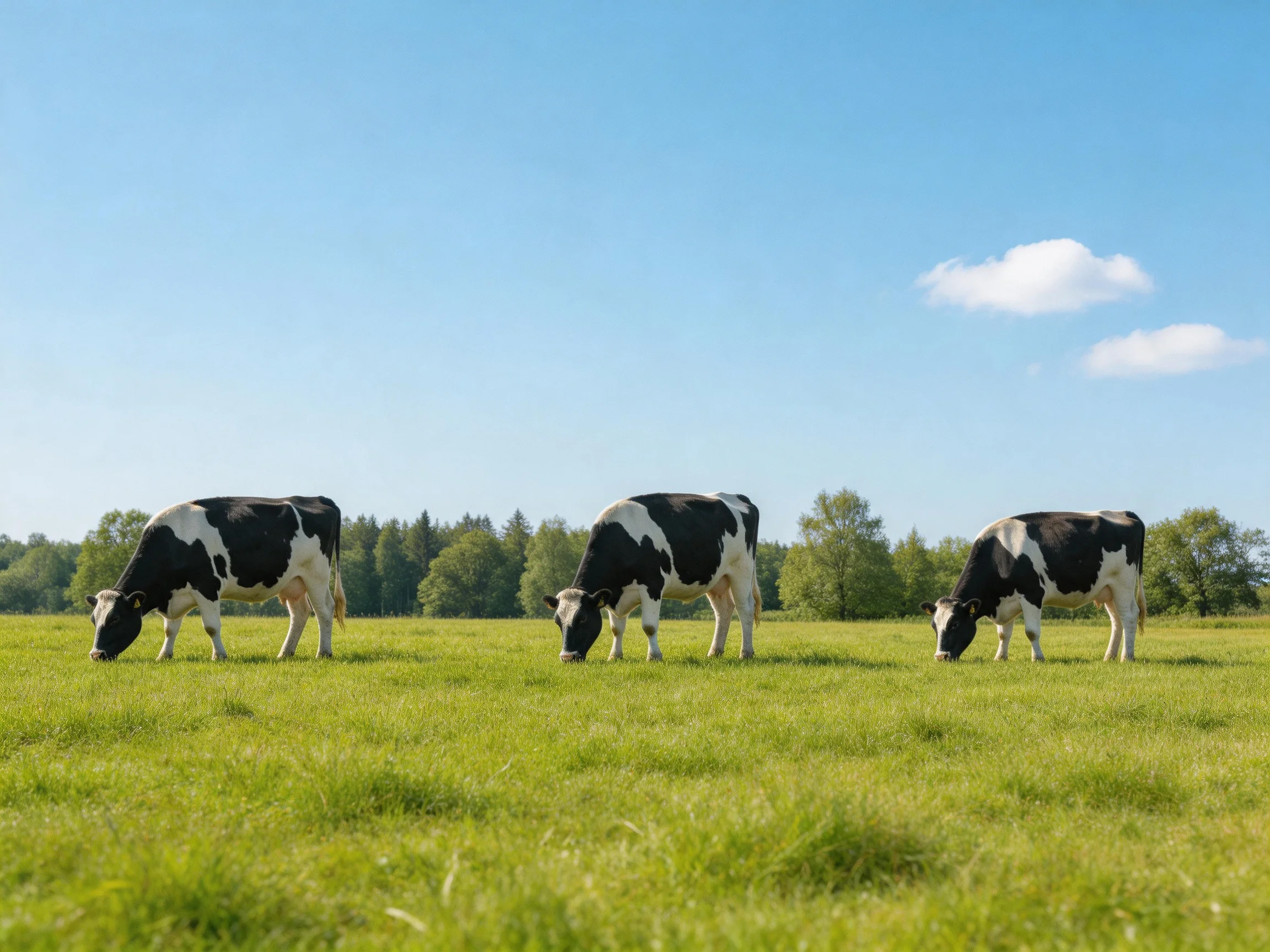 Three black and white cows graze in a lush green pasture under clear blue skies