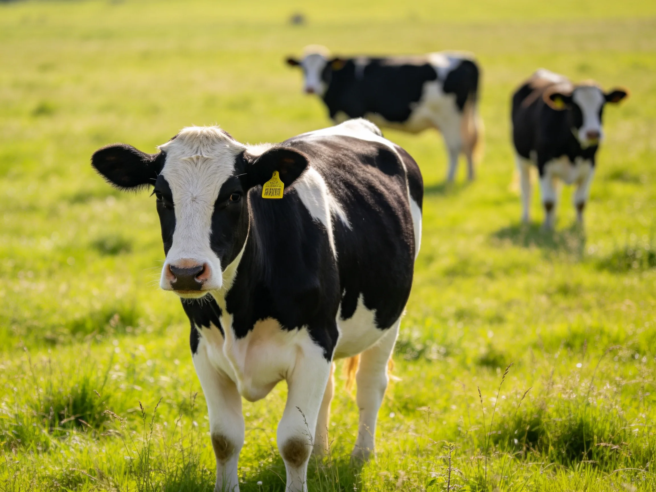 Three black and white cows graze in a sunlit green pasture