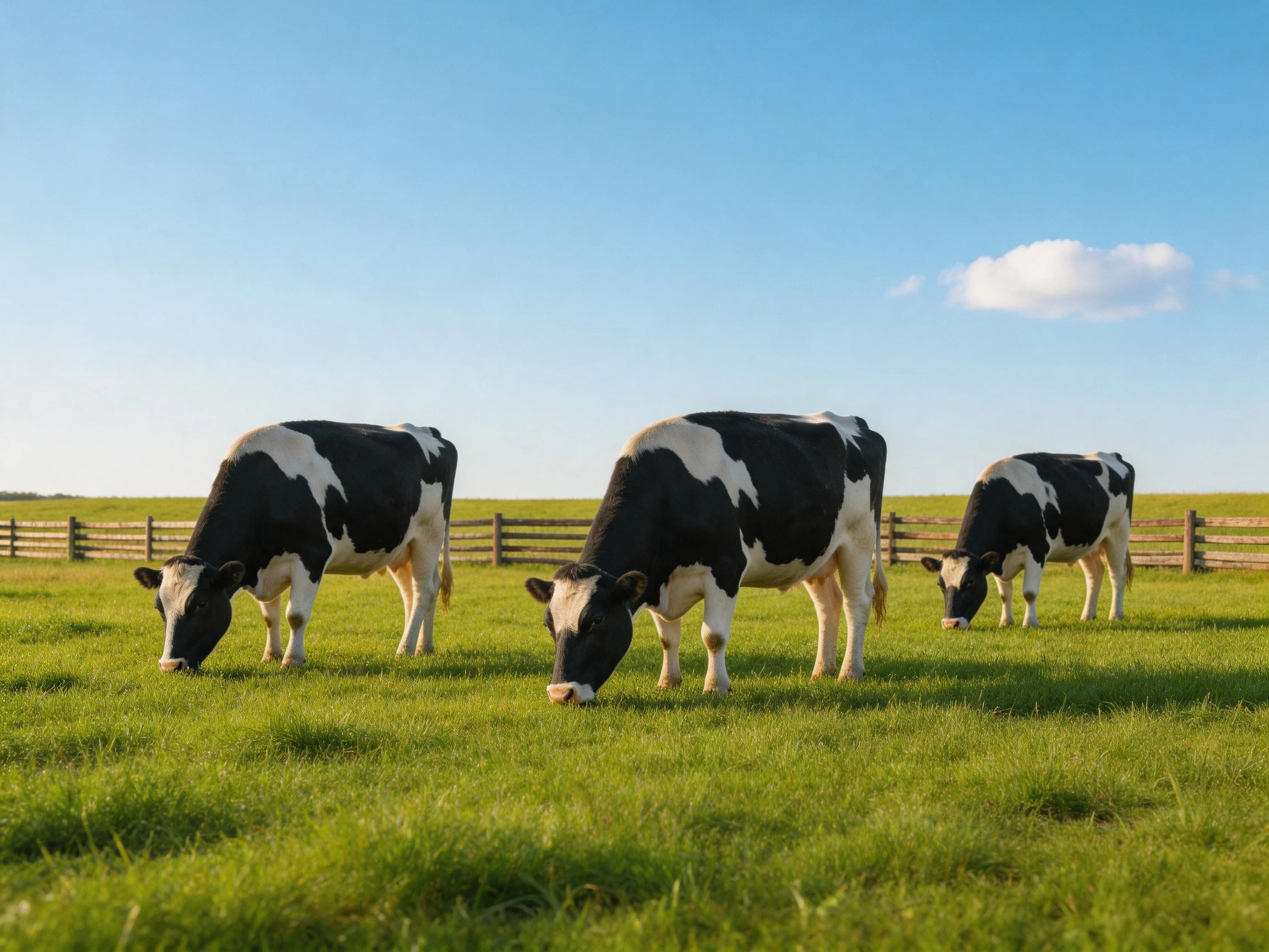 Three black-and-white cows graze in a sunlit green pasture