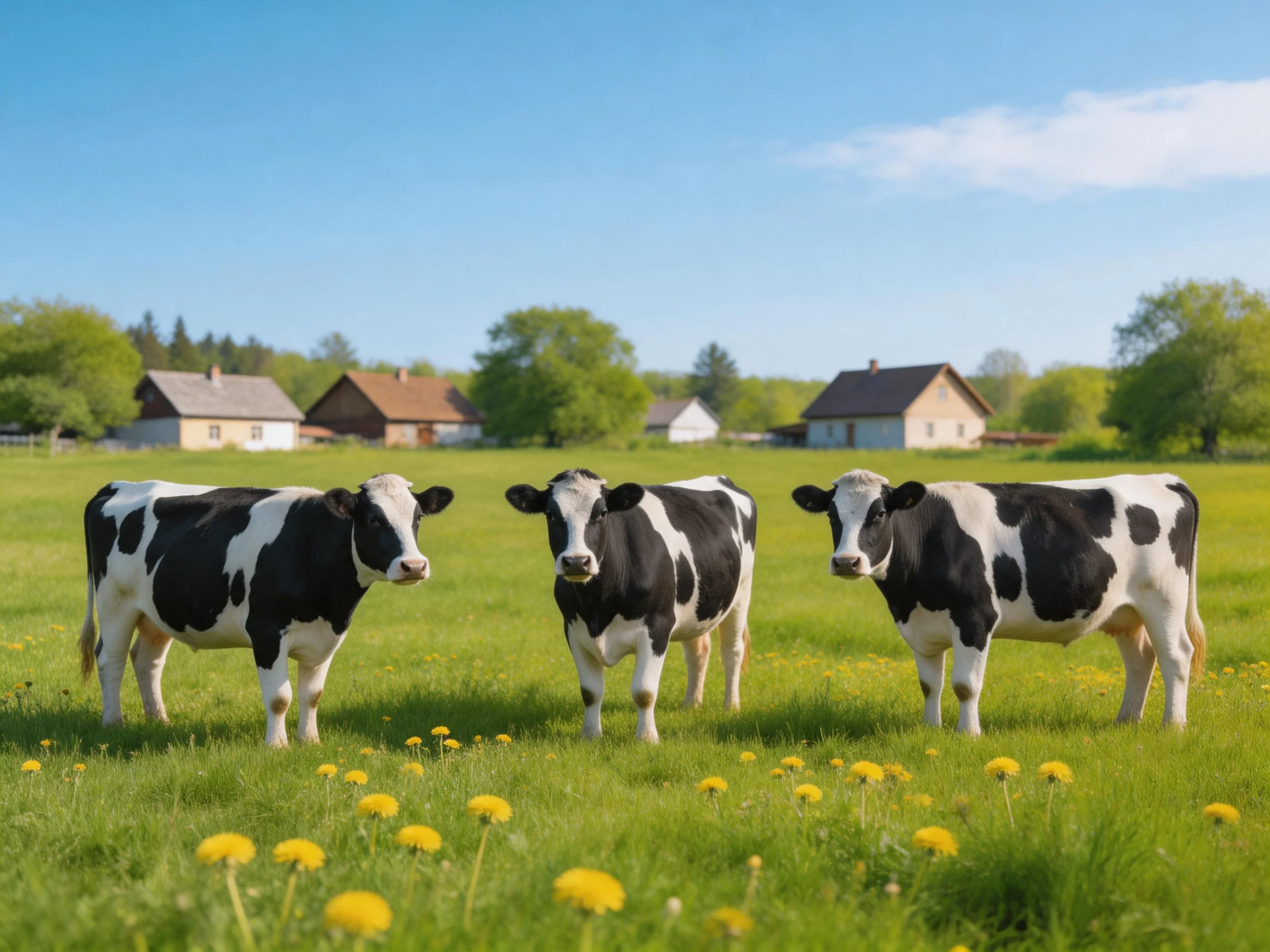 Three black-and-white cows graze in a sunny green pasture