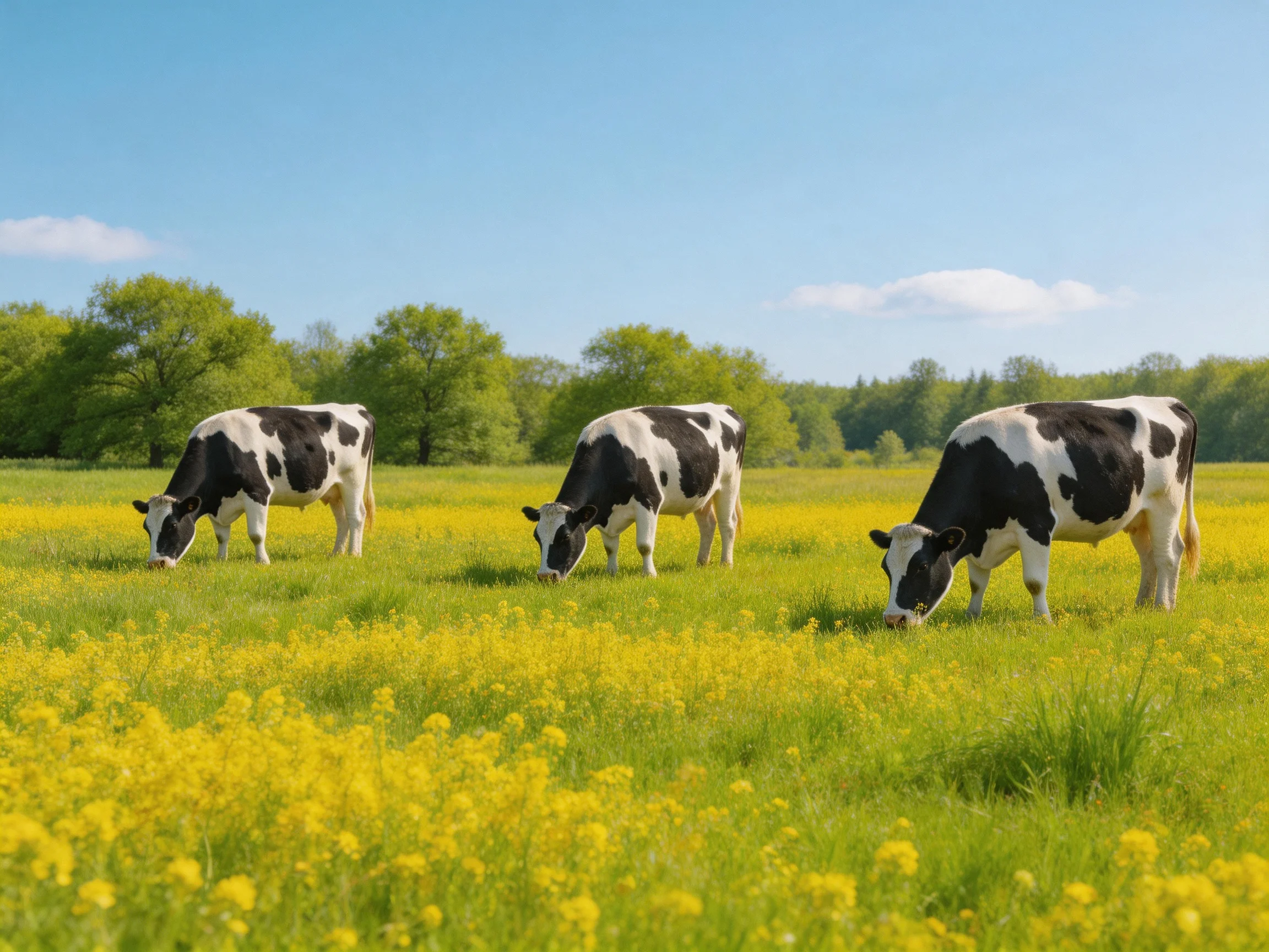 Three black-and-white cows graze in a vibrant yellow-flowered meadow