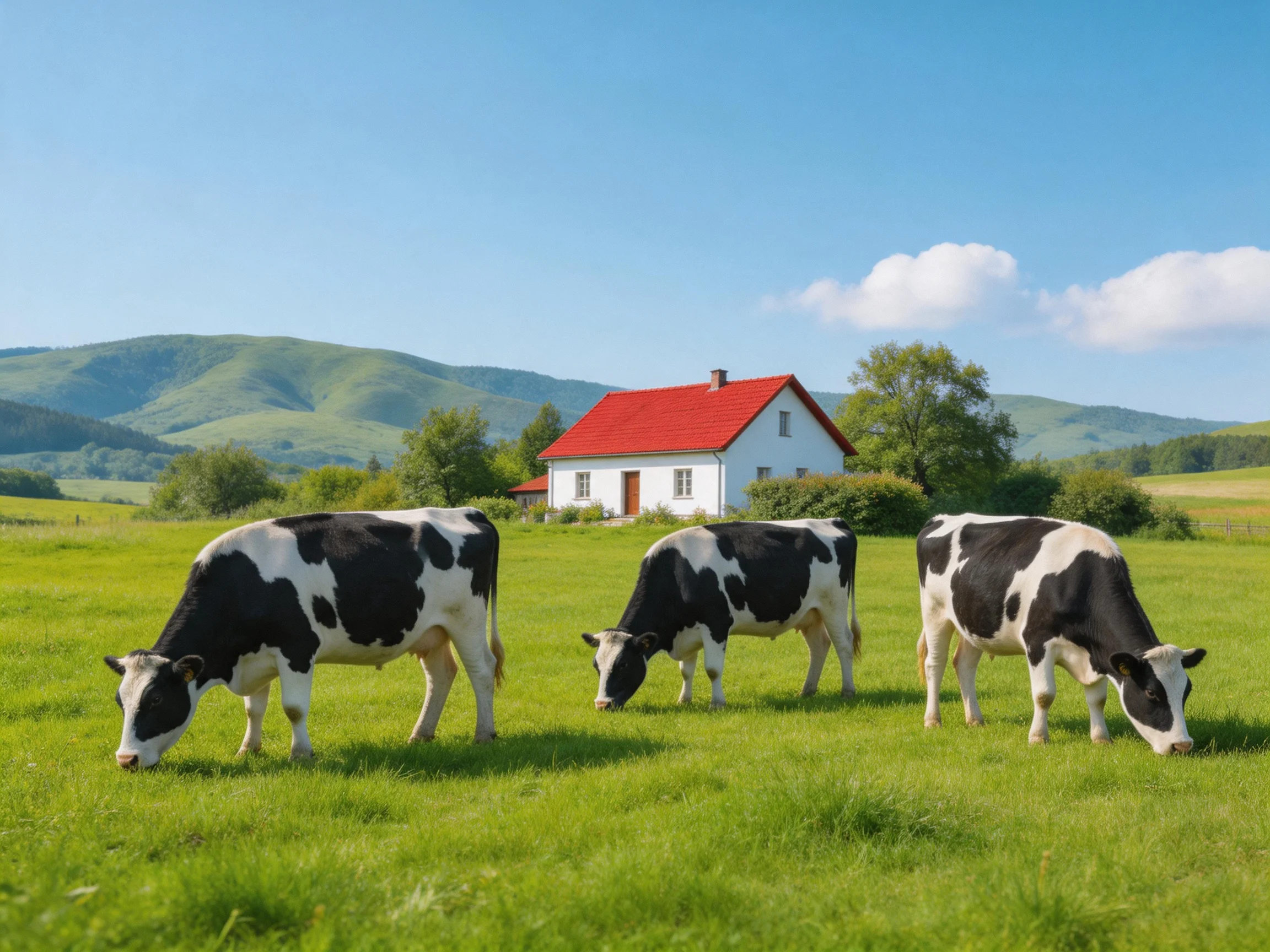 Three black-and-white cows graze near a red-roofed farmhouse in rolling hills