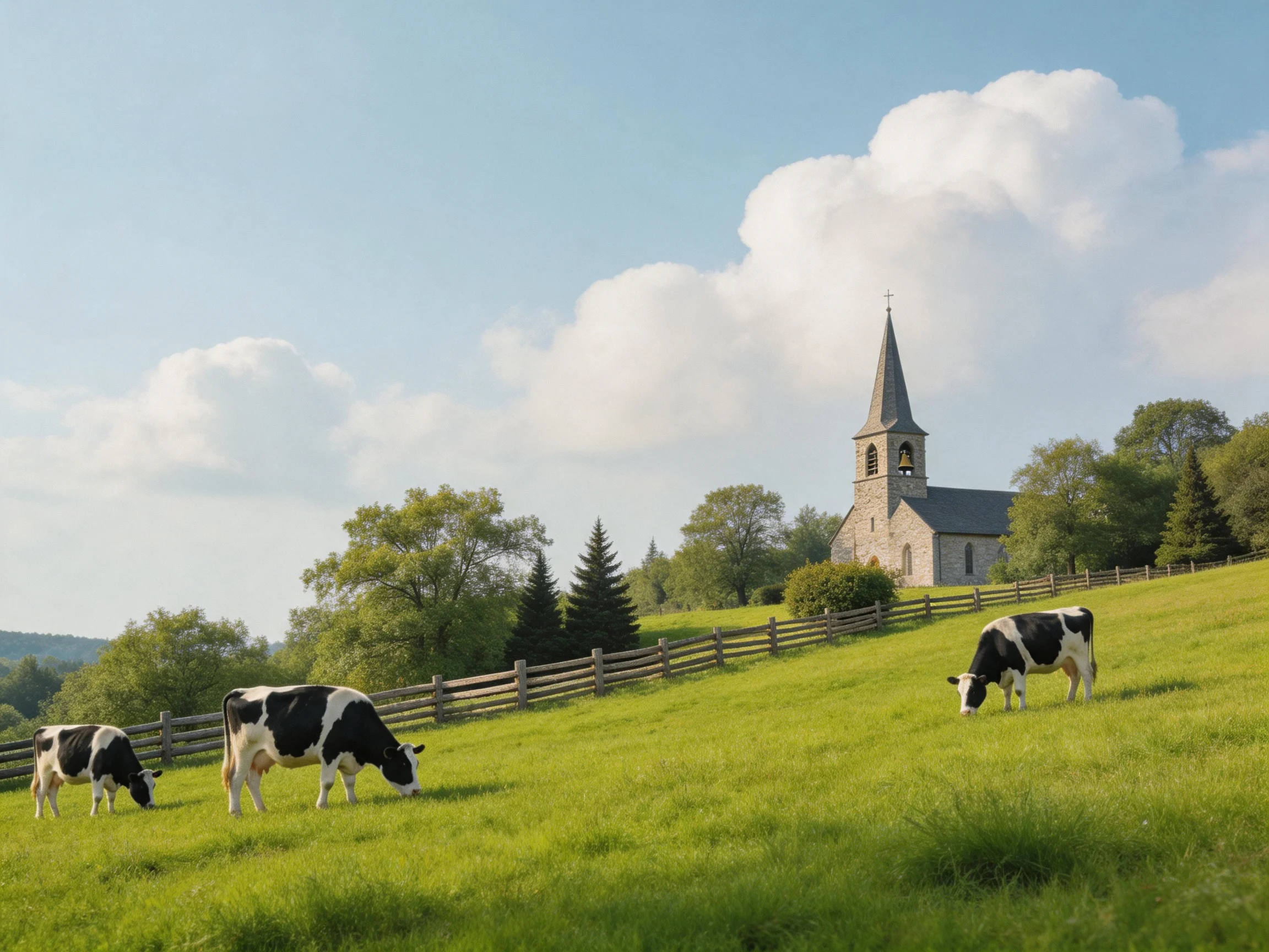 Three black-and-white cows graze near a stone church on a sunny hillside