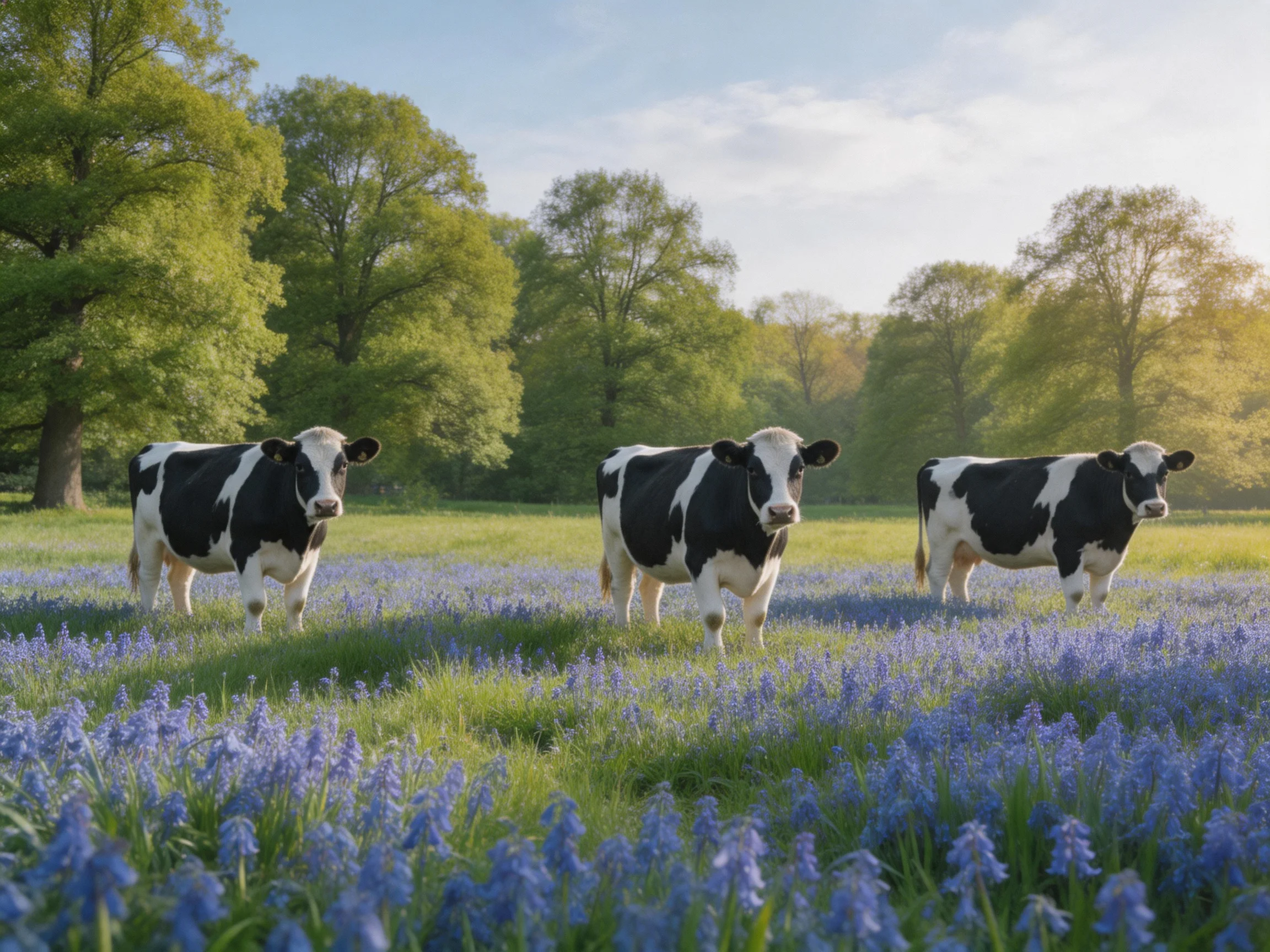 Three black-and-white cows in a field of purple-blue flowers with green trees