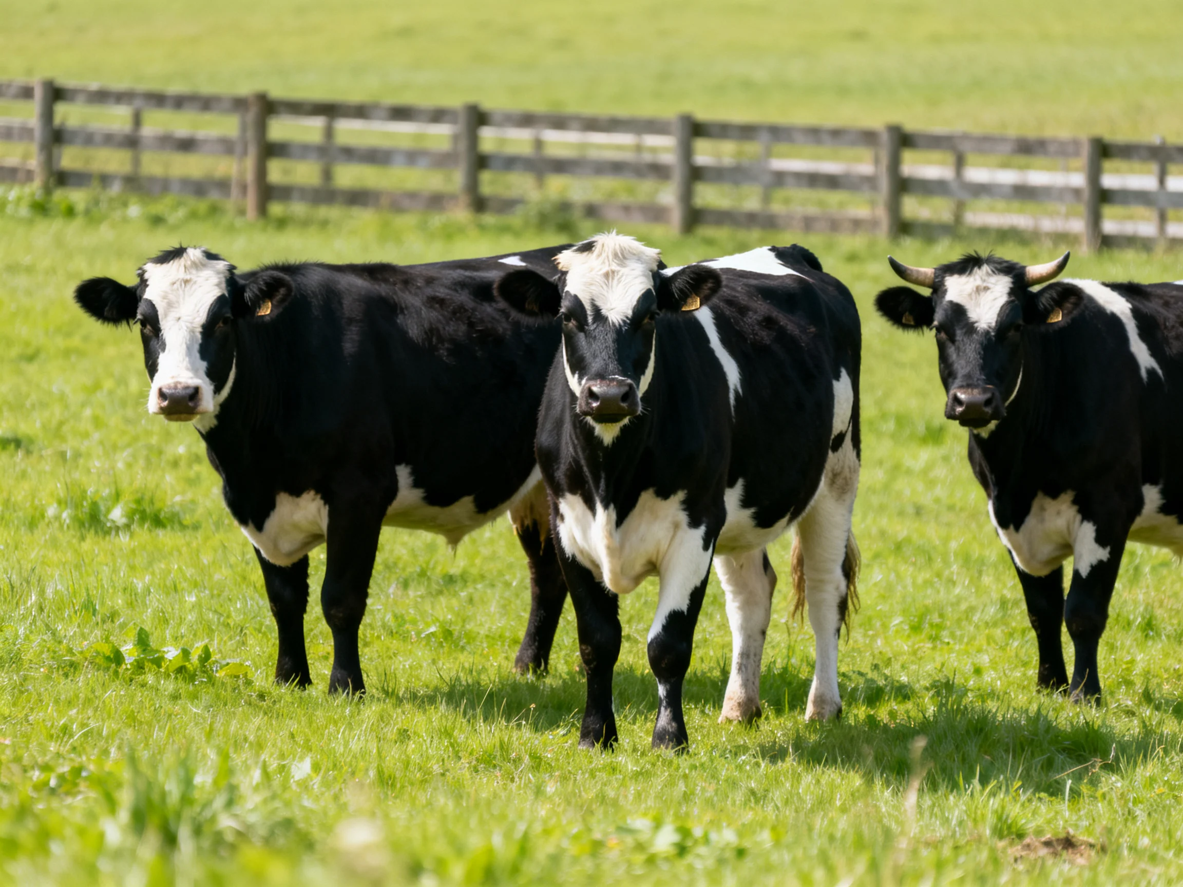 Three black and white cows in a lush green pasture near a wooden fence