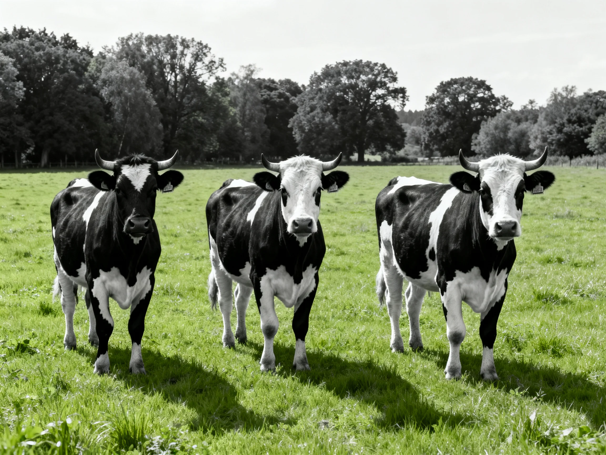 Three black and white cows in a lush green pasture near trees