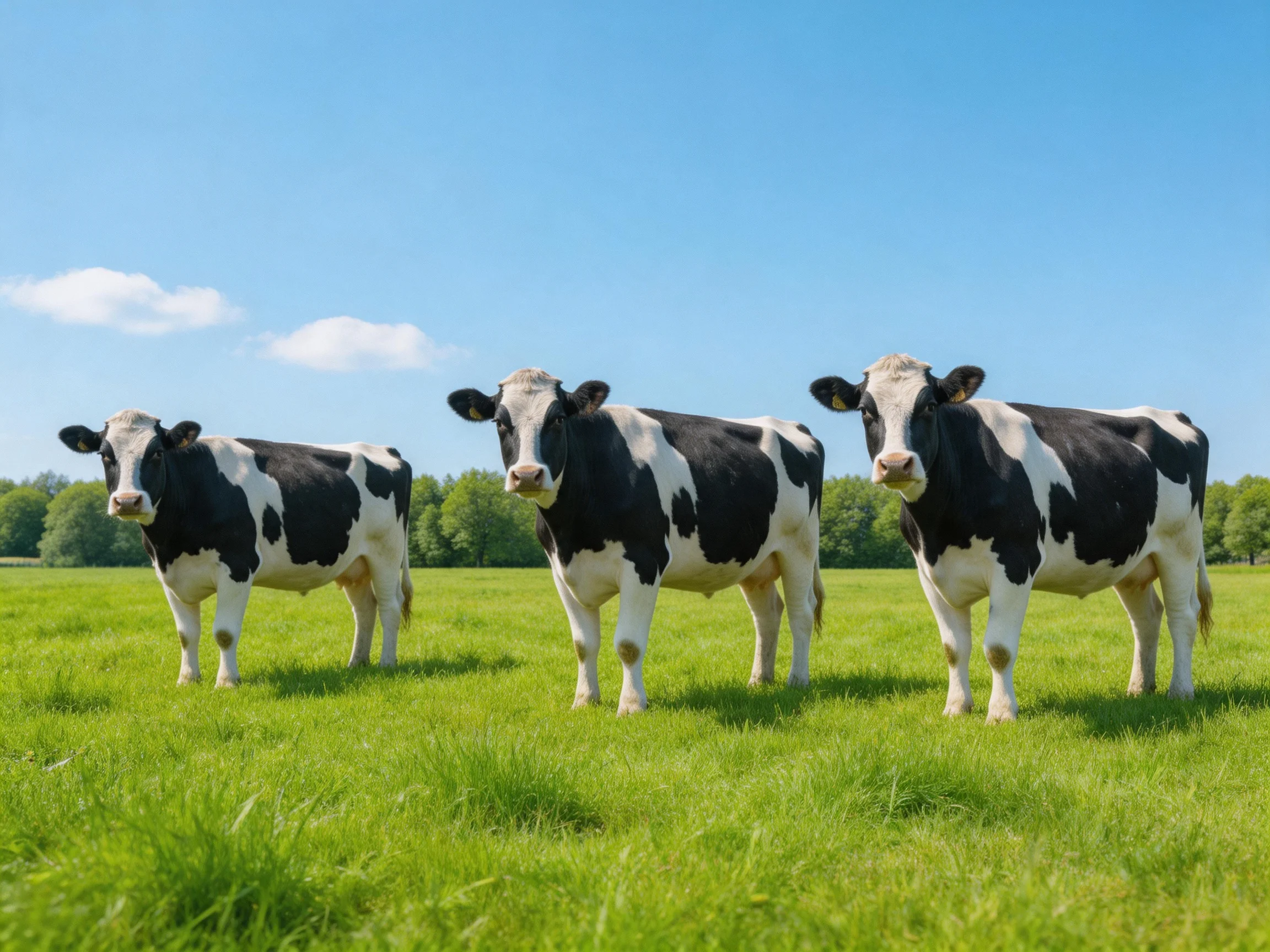 Three black and white cows in a lush green pasture under a clear blue sky