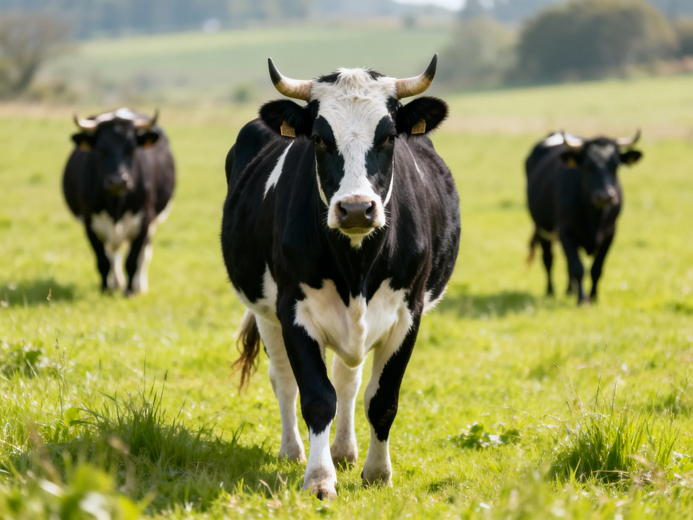 Three black and white cows in a sunlit green pasture
