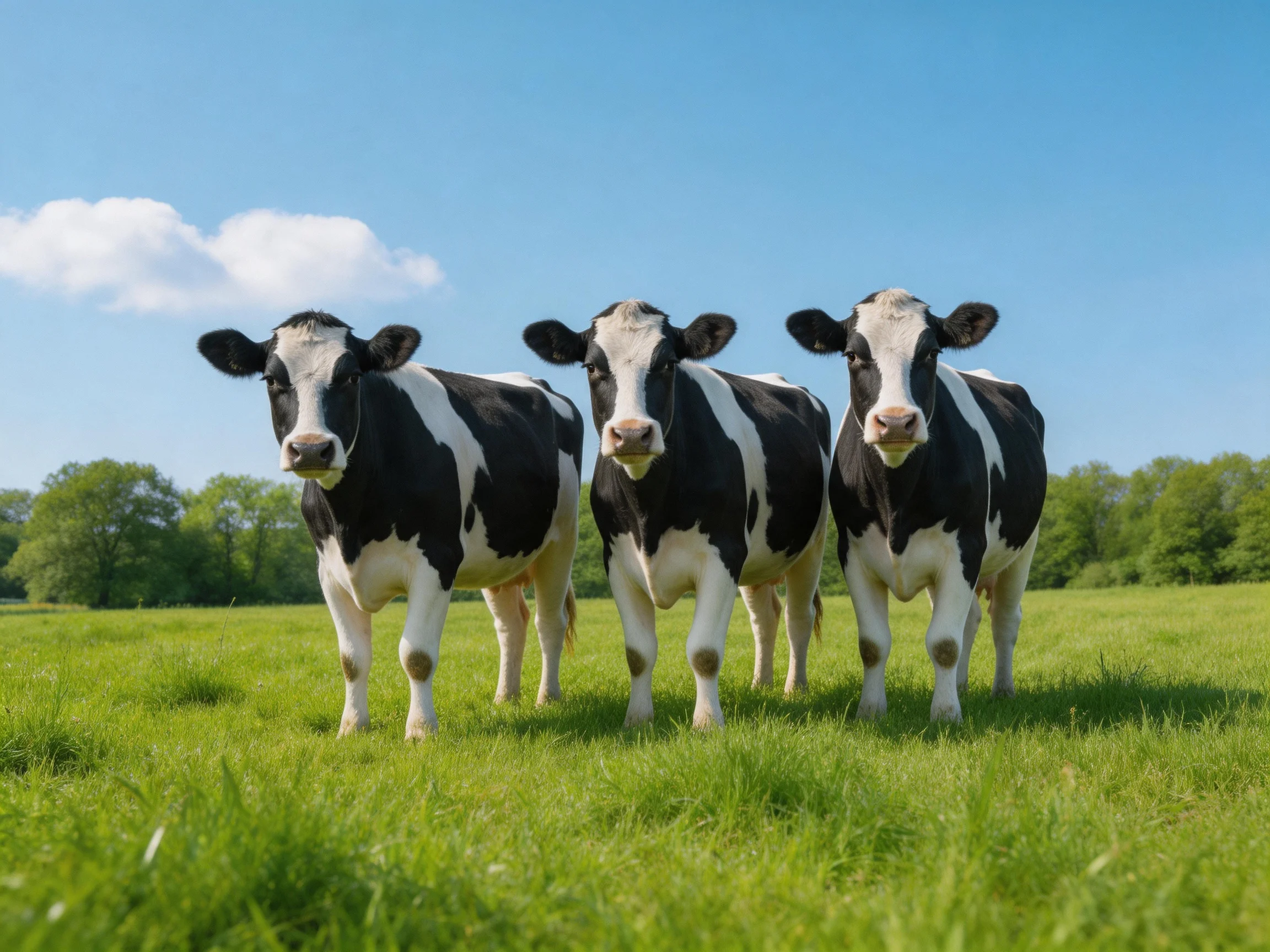 Three black and white cows in a sunlit green pasture