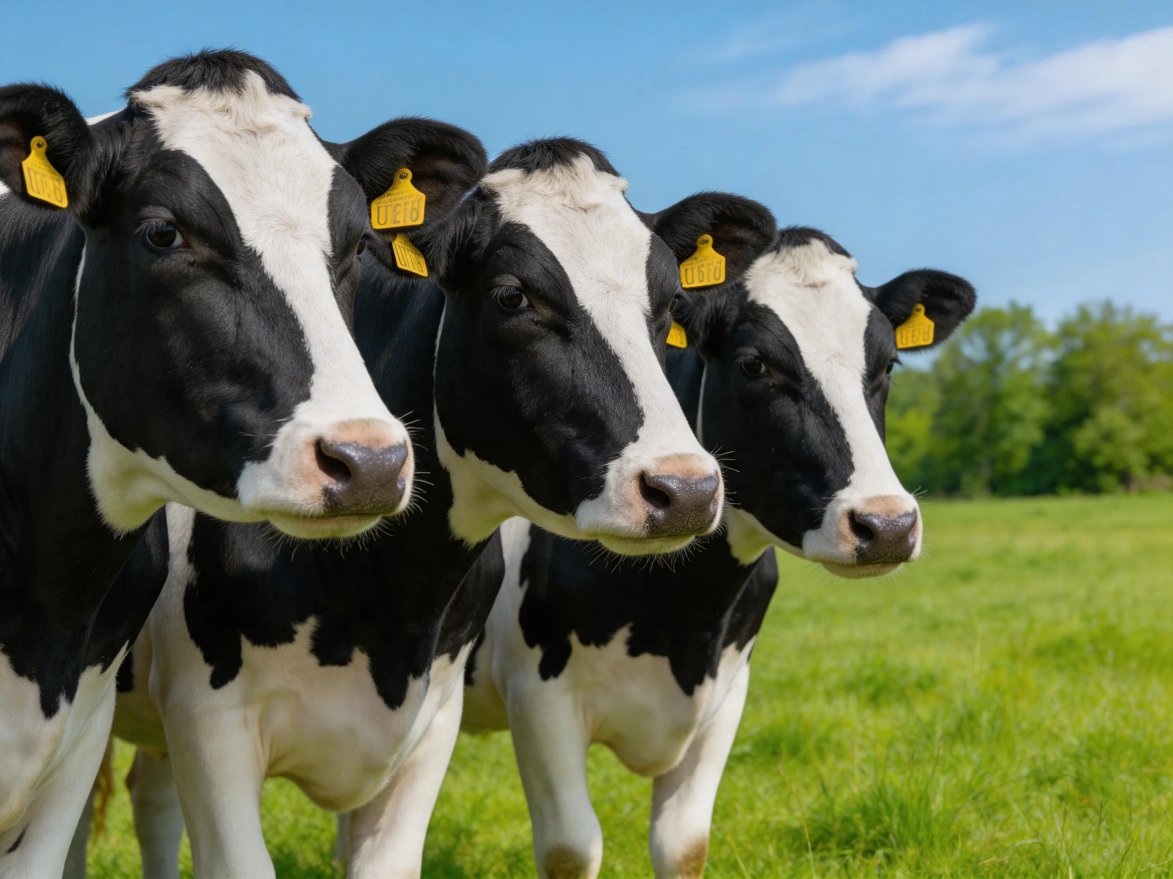 Three black and white cows in a sunny pasture