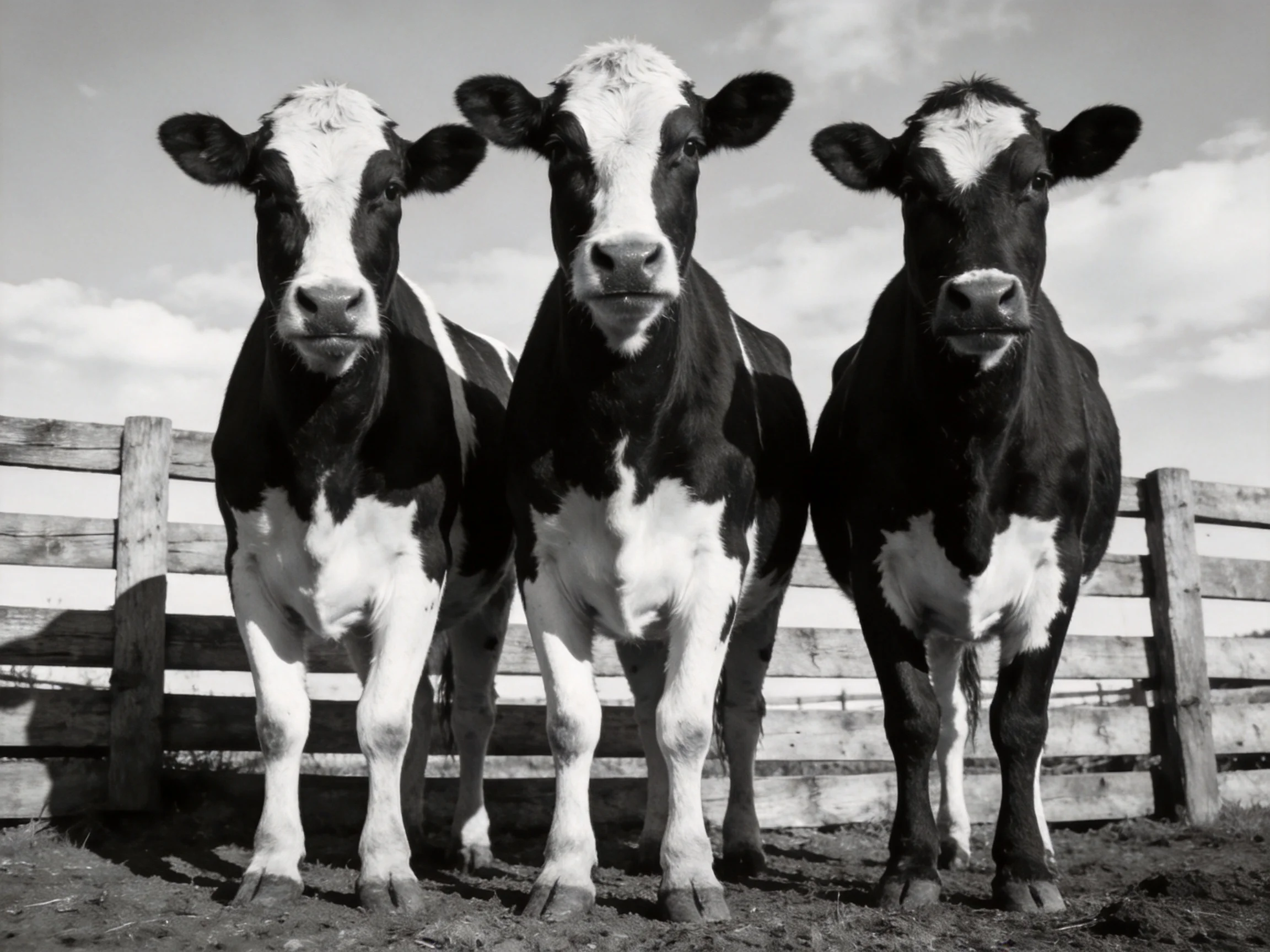 Three black and white cows near a wooden fence under a cloudy sky