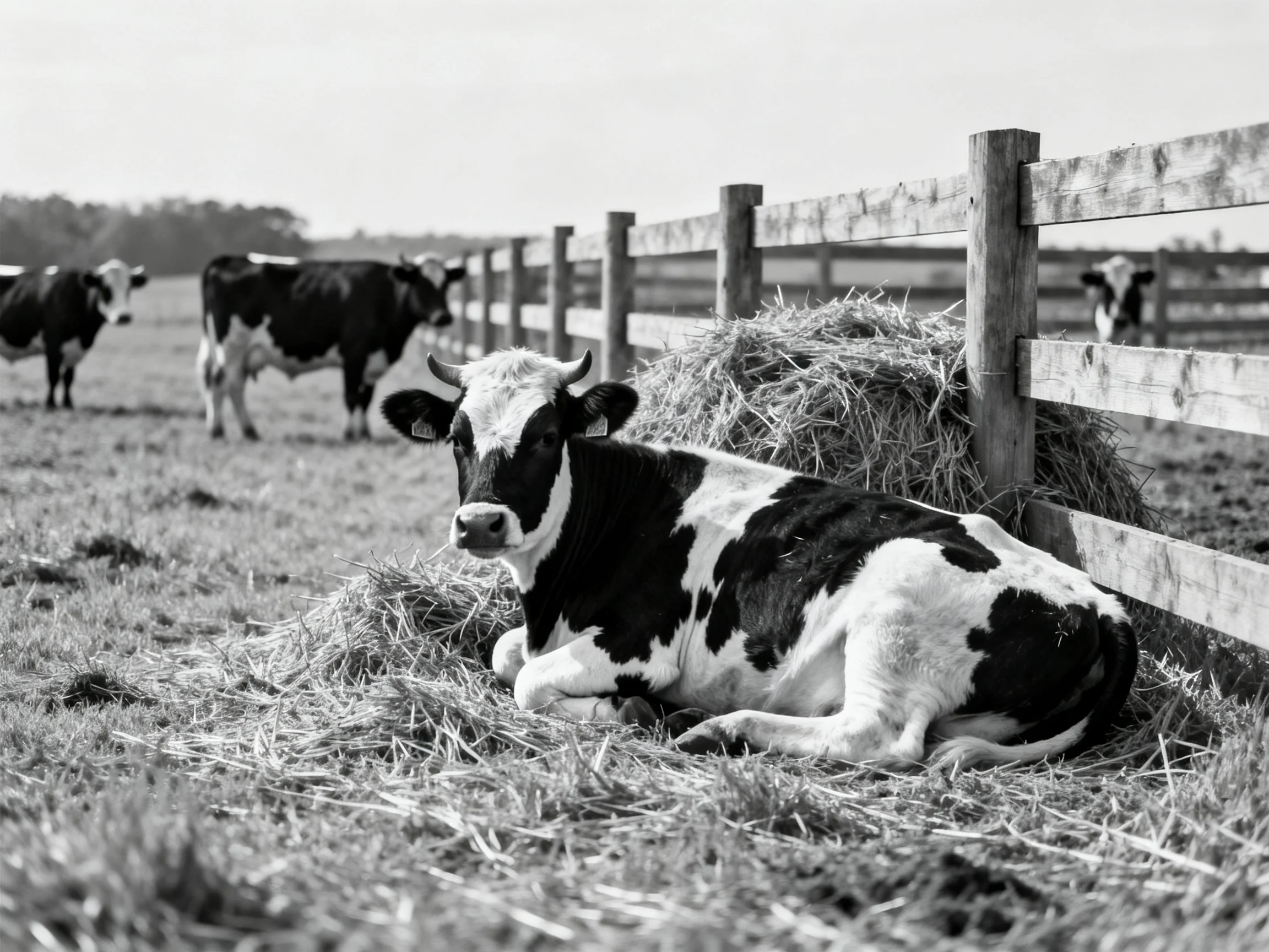 Three black-and-white cows near awooden fence with hay bales