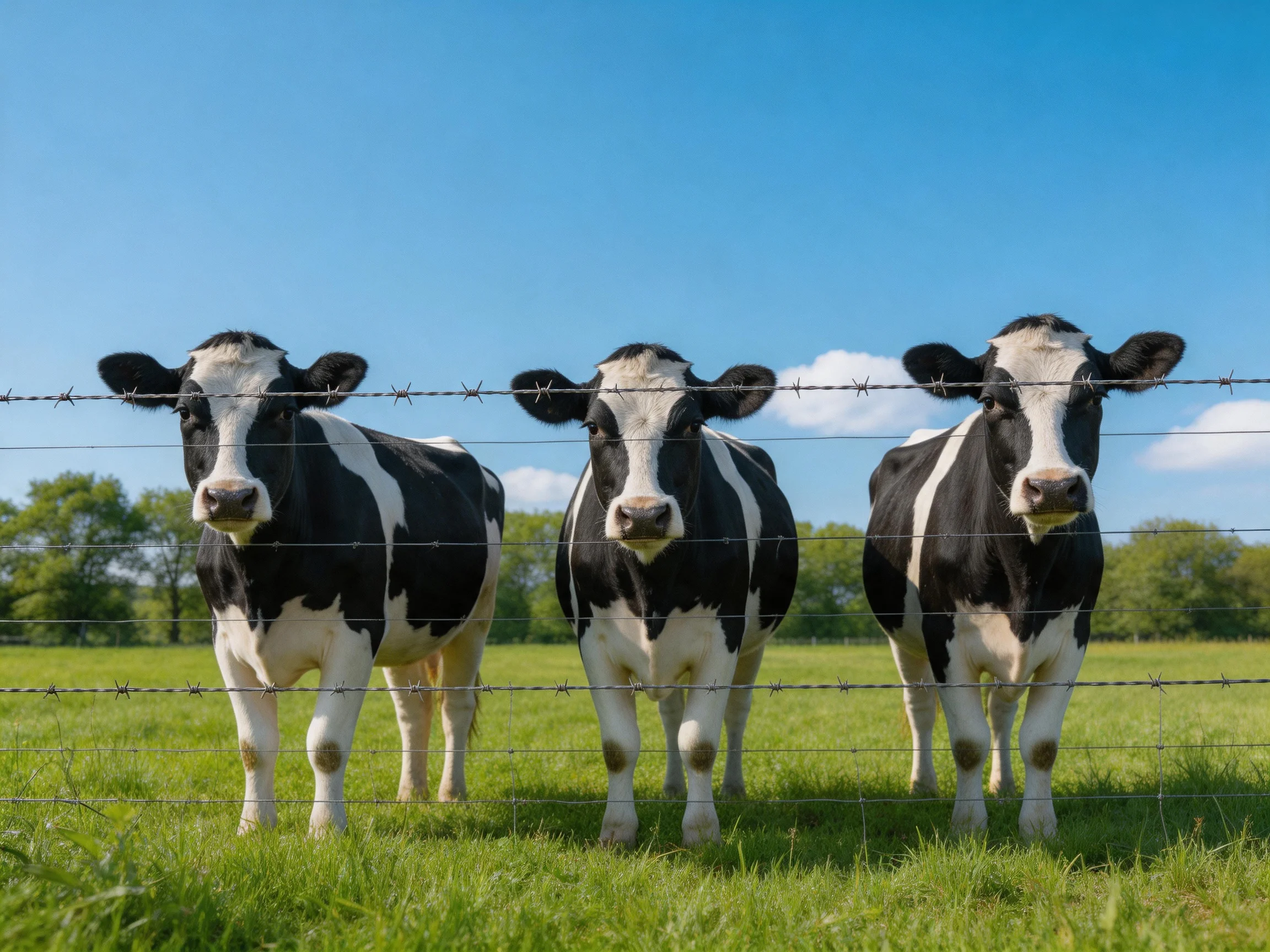 Three black and white cows near barbed wire in a sunny pasture