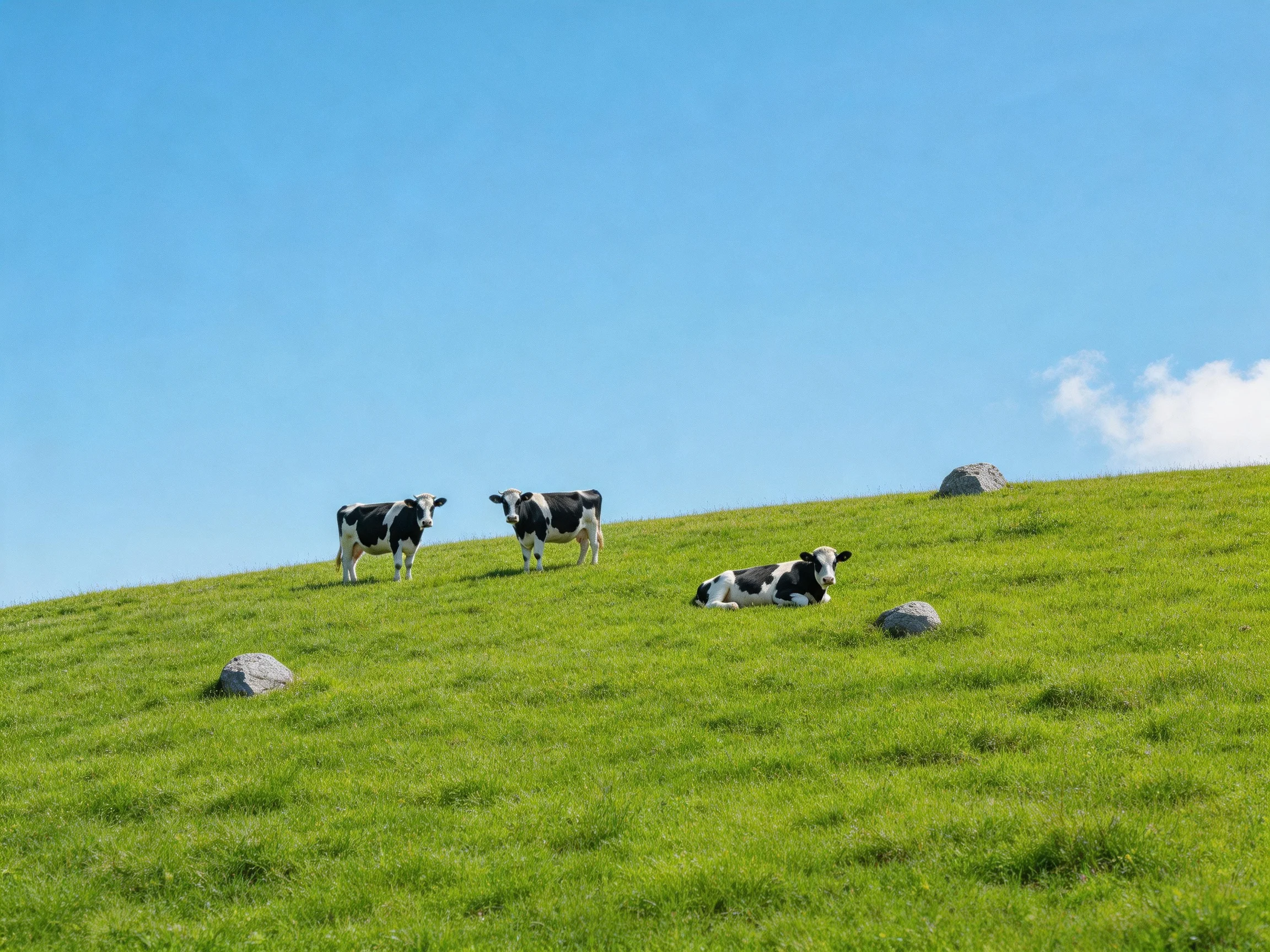 Three black - and - white cows on a lush green hillside with clear blue sky