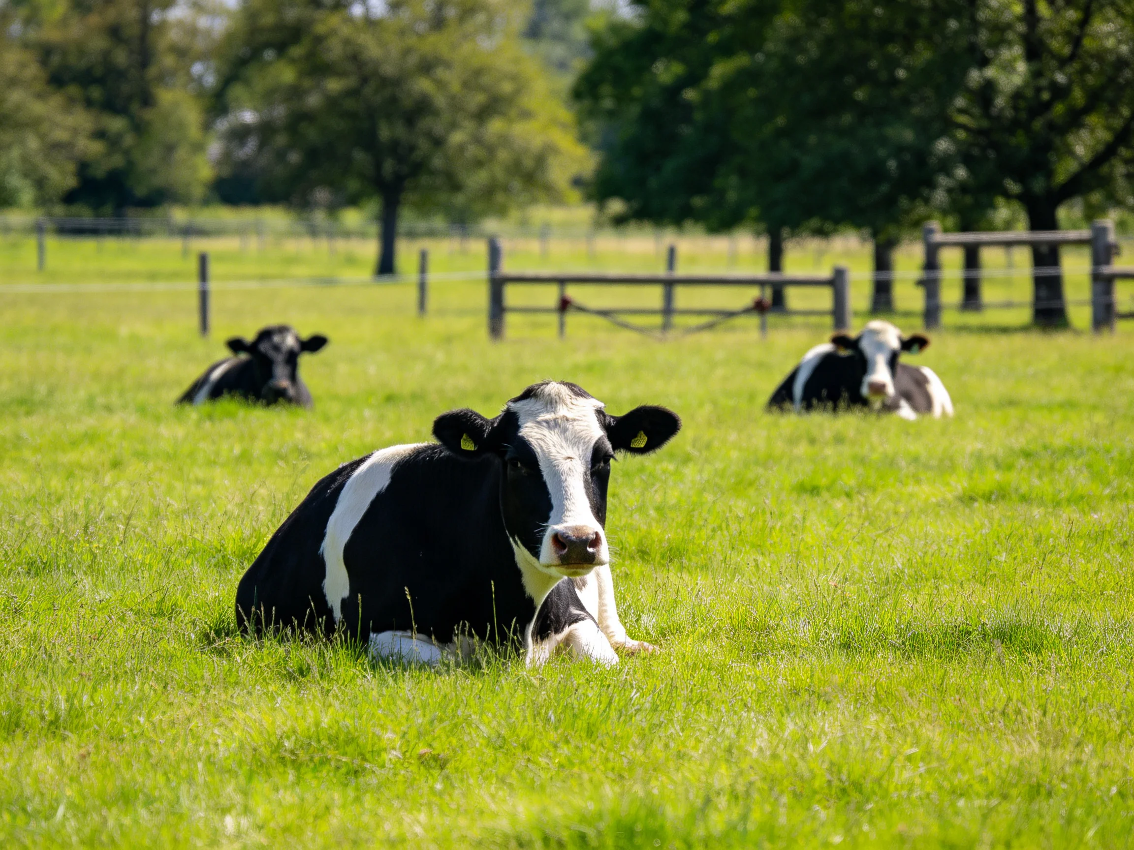 Three black-and-white cows rest in a sunlit green pasture with trees
