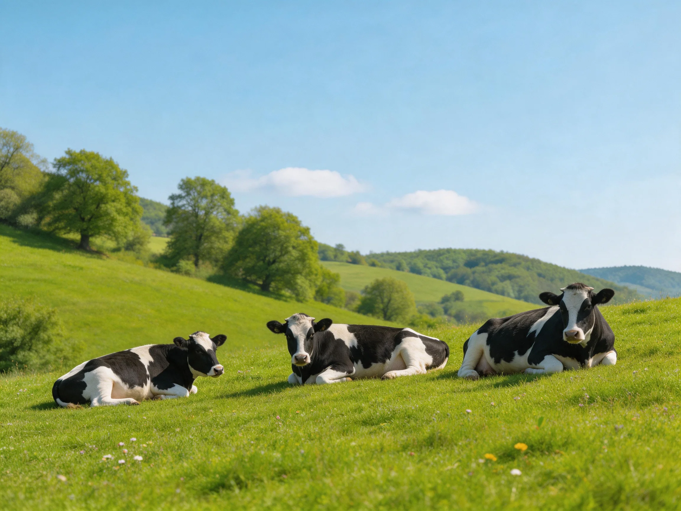 Three black-and-white cows rest on a lush green hillside under a clear blue sky