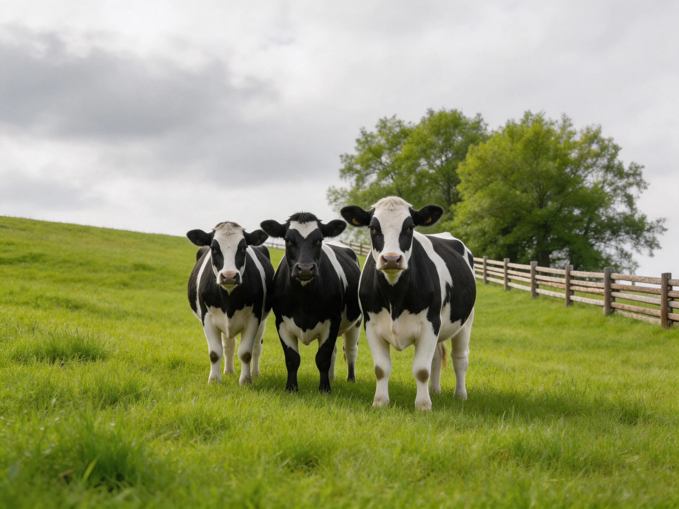 Three black and white cows stand in a lush green pasture near a wooden fence
