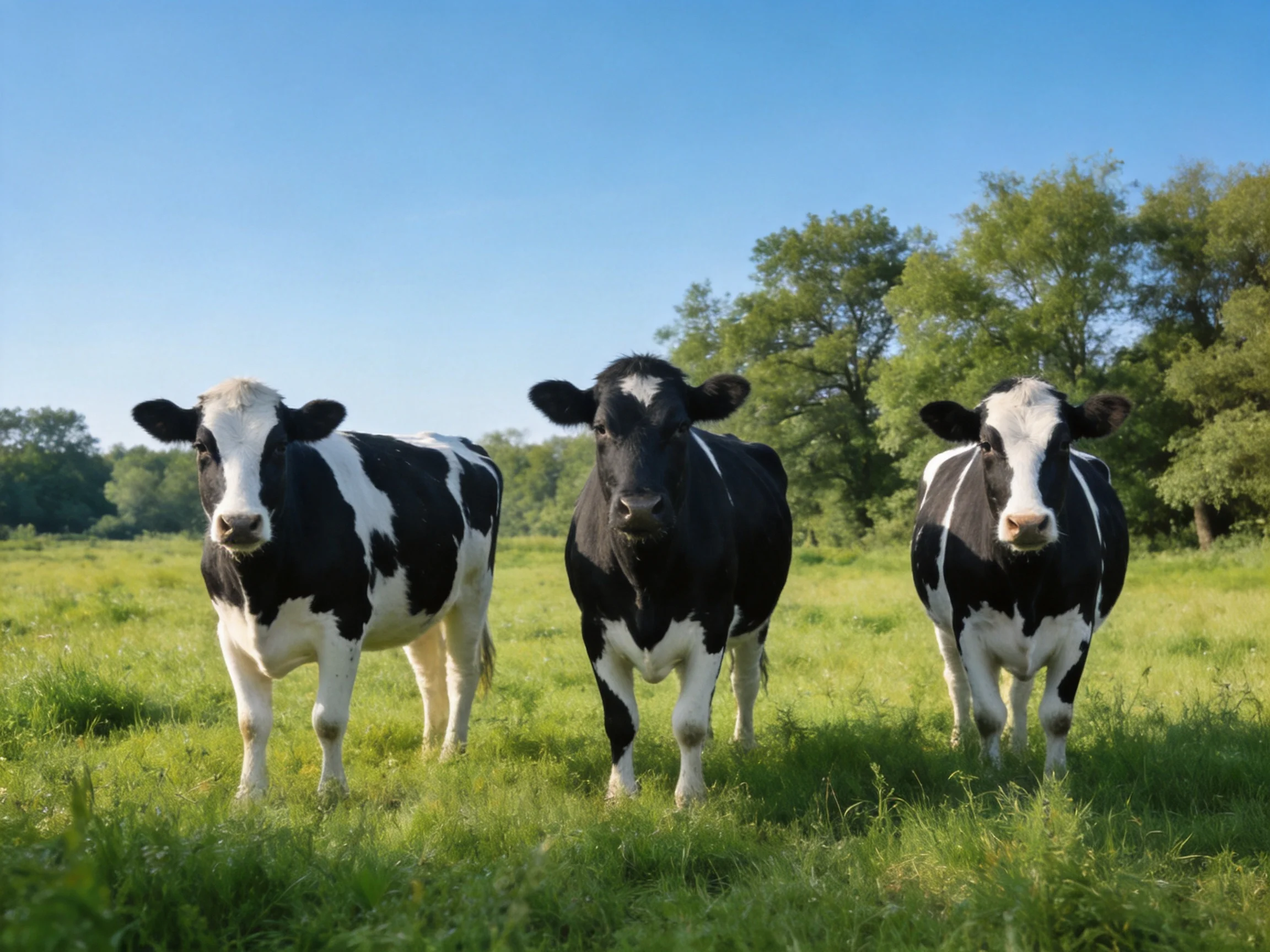 Three black and white cows stand in a lush green pasture
