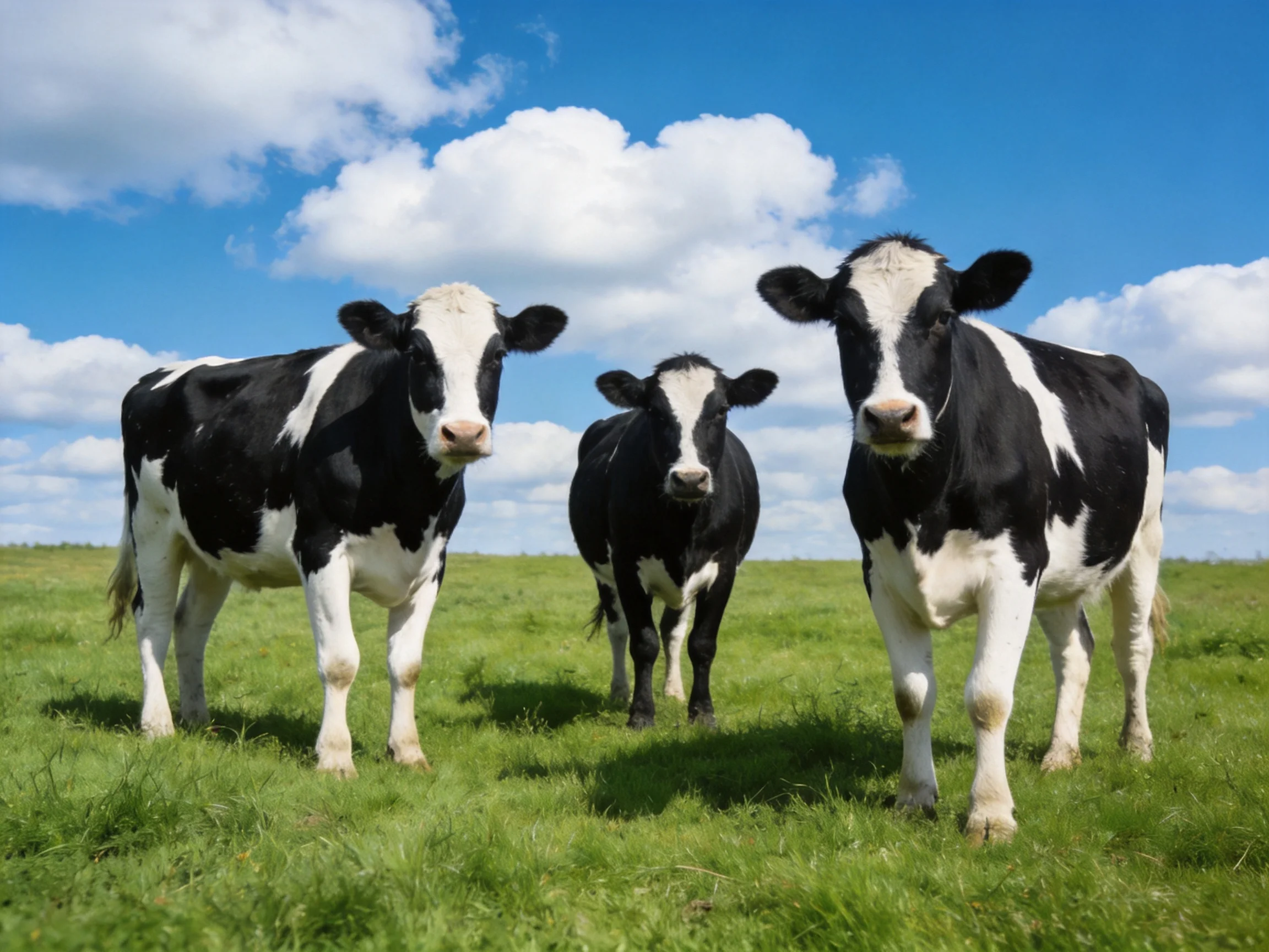 Three black and white cows stand in a lush green pasture under a bright blue sky with clouds