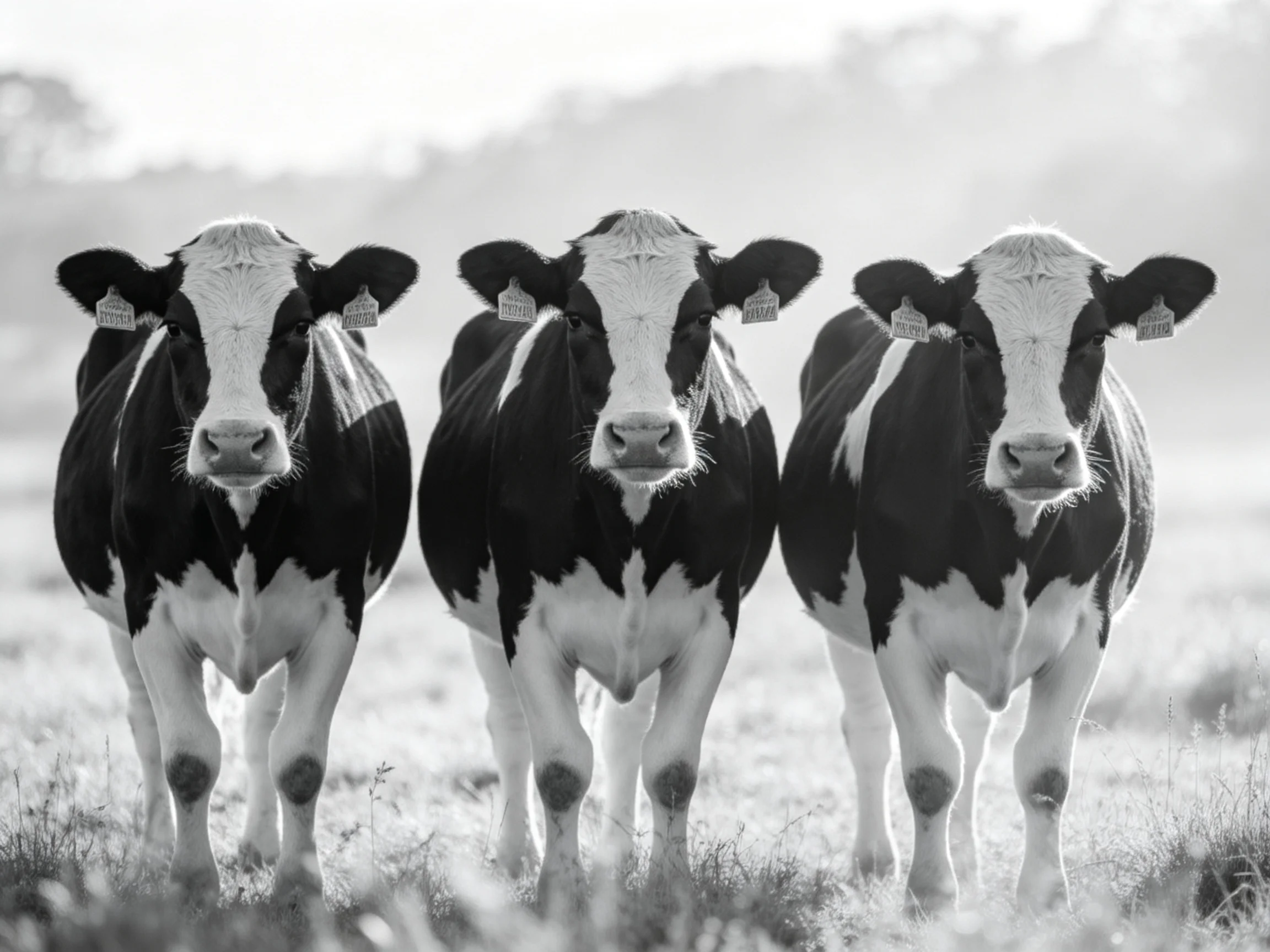 Three black and white cows standing in a grassy field
